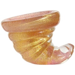 Barovier Murano Pink Gold Flecks Italian Art Glass Seashell Ring Dish Sculptures