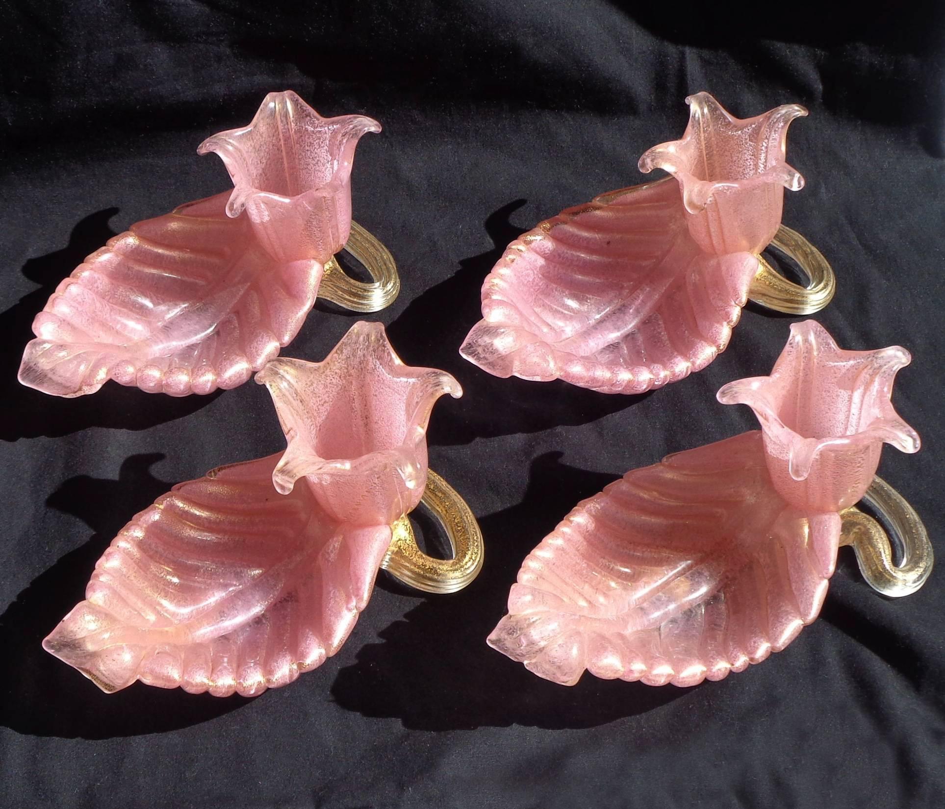 Priced per item (4 available). Beautiful vintage Murano hand blown, pink, gold flecks, flower bouquet Italian art glass leaf dishes with vase / holder. Documented to the Barovier e Toso company. Each vide-poche has a mini pot with flowers made of