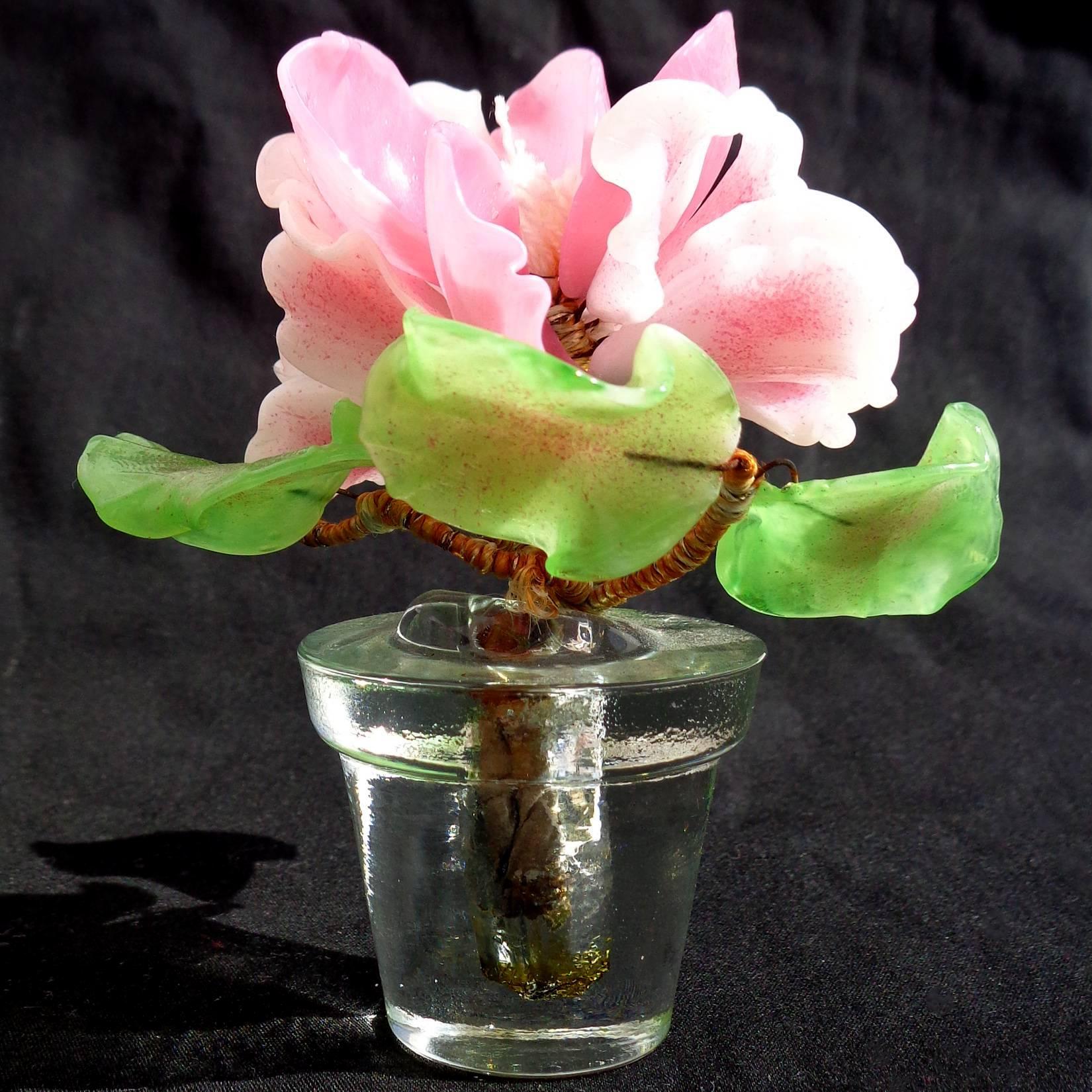 Vide-Poche à fleurs en verre d'art italien de Murano rose et or avec bol à feuilles de Barovier Bon état - En vente à Kissimmee, FL