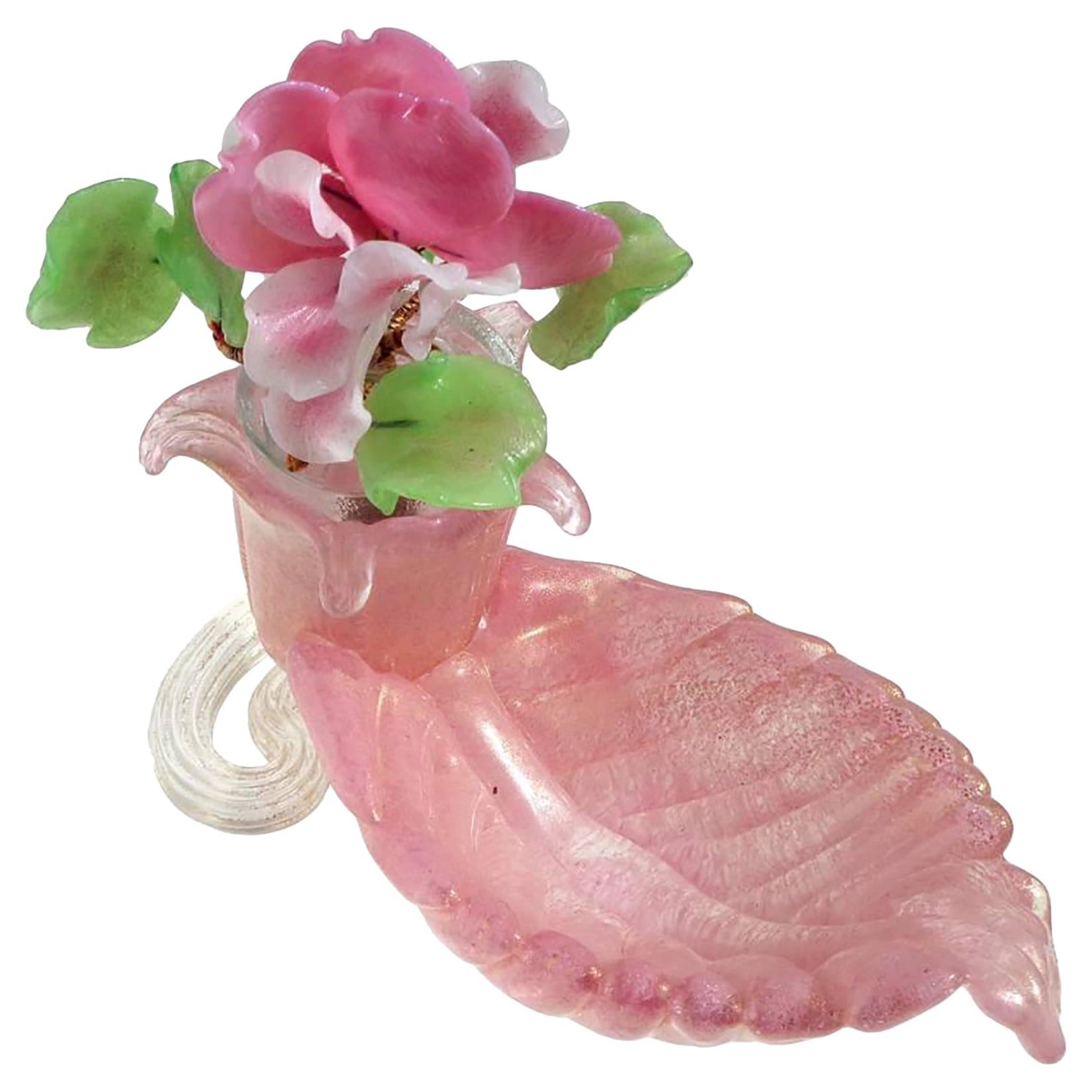 Vide-Poche à fleurs en verre d'art italien de Murano rose et or avec bol à feuilles de Barovier en vente
