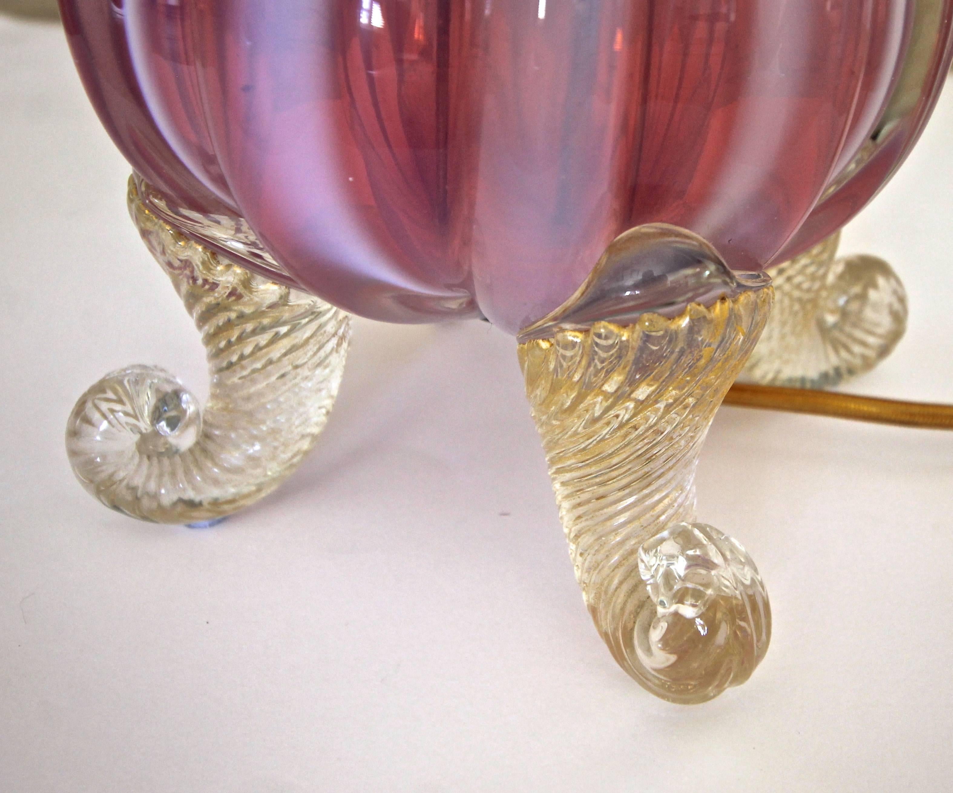 Barovier Murano Pink Opalescent and Gold Glass Footed Table Lamp 2