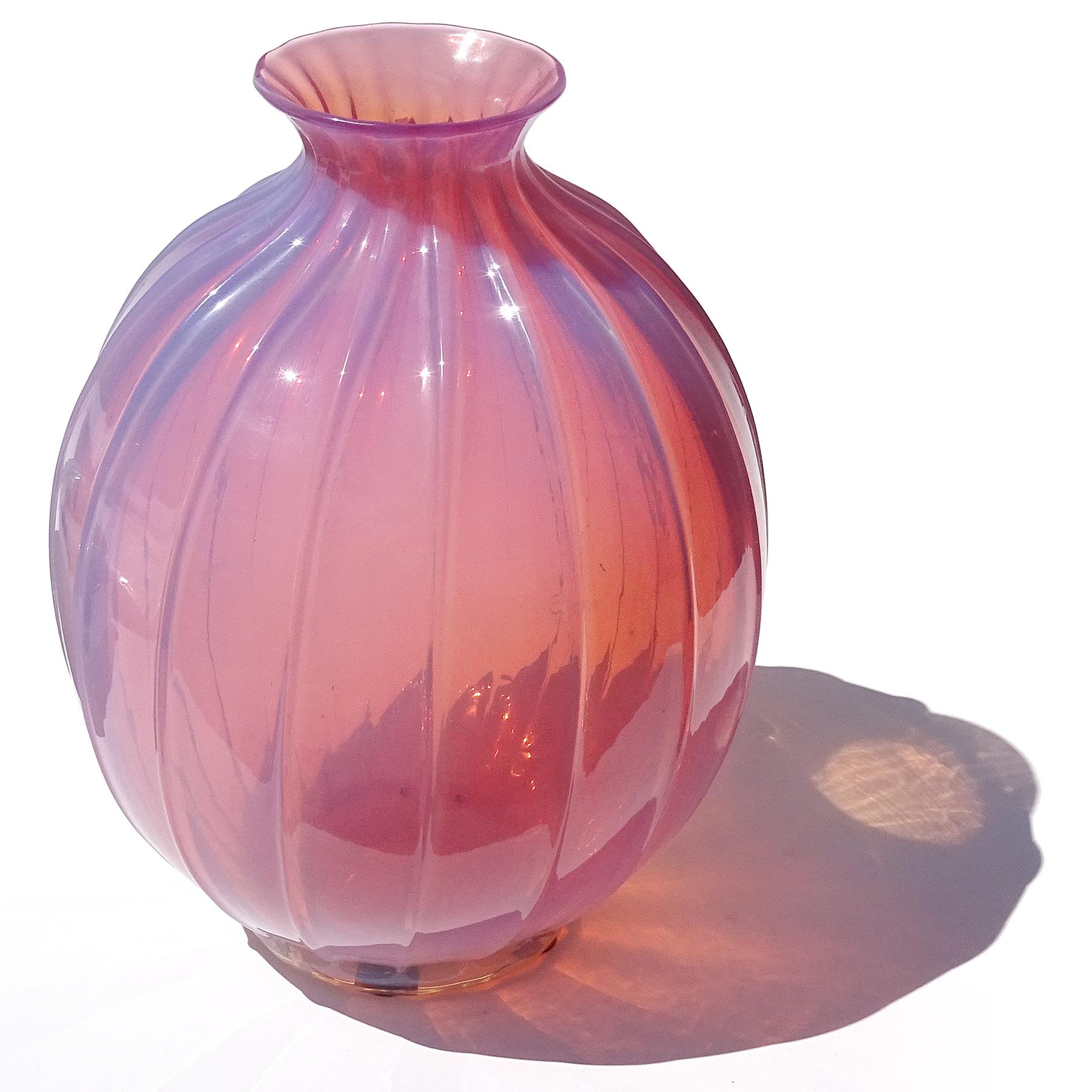 Mid-Century Modern Barovier Murano Pink Opalescent Italian Art Glass Paneled Surface Flower Vase For Sale