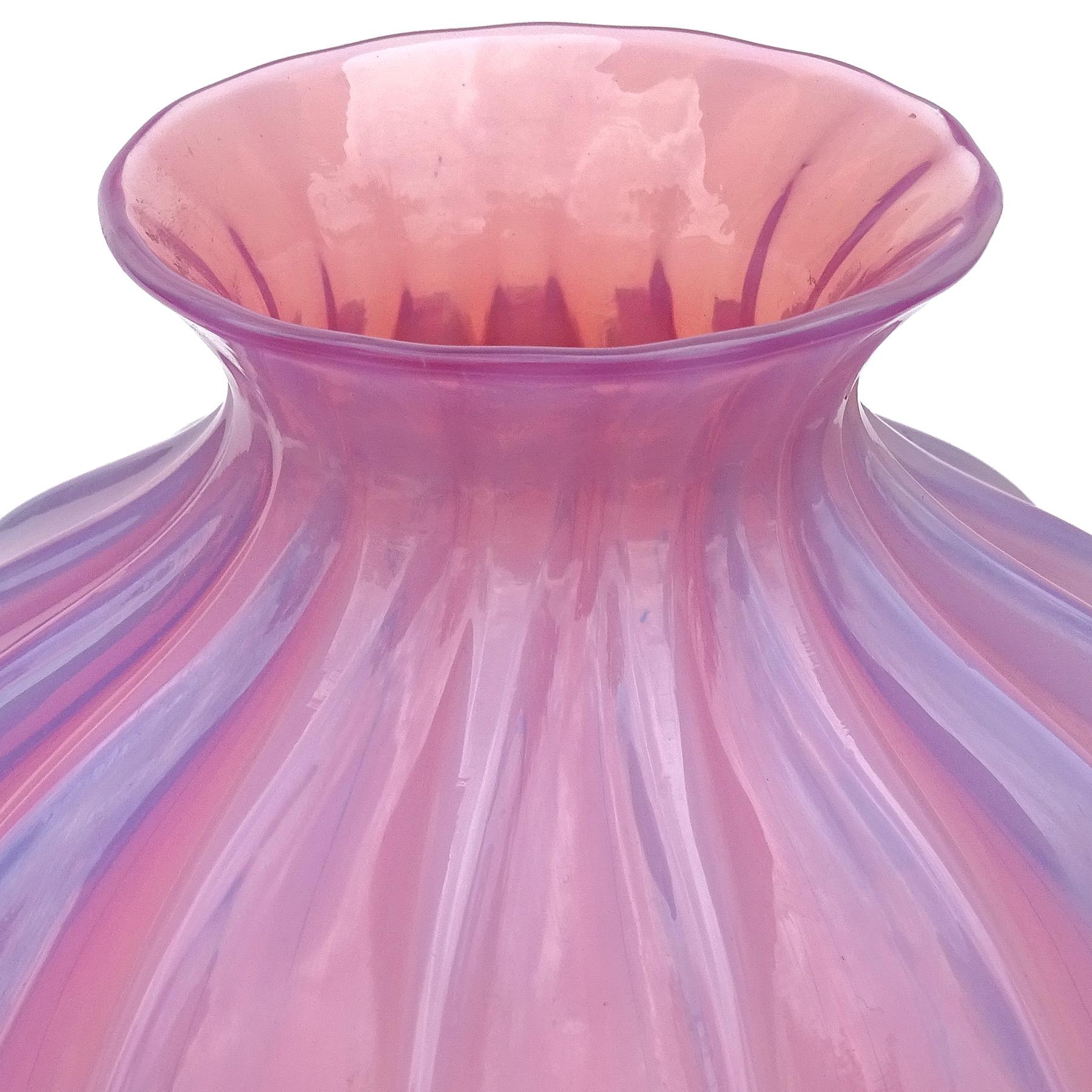 Hand-Crafted Barovier Murano Pink Opalescent Italian Art Glass Paneled Surface Flower Vase For Sale