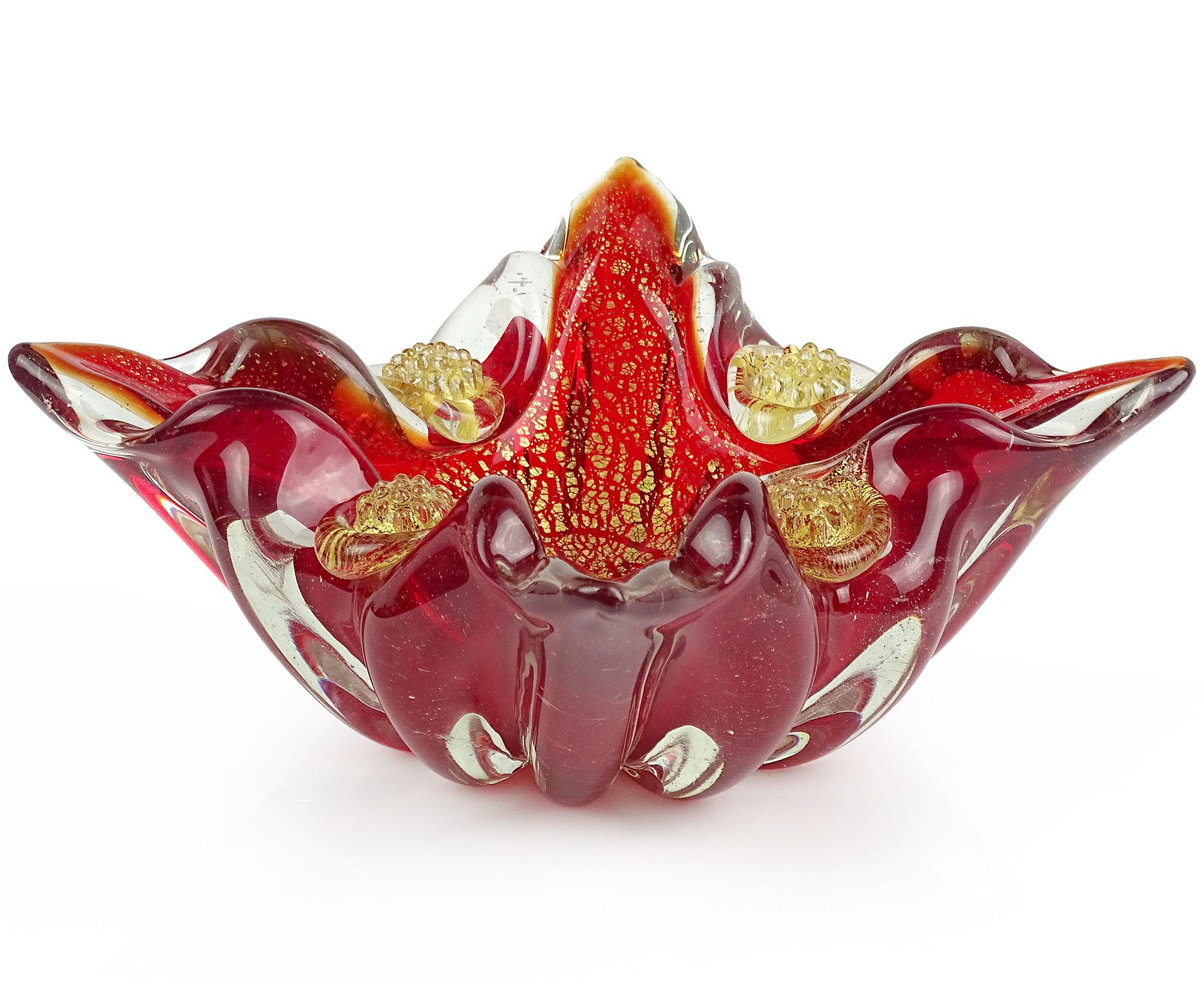 Beautiful vintage Murano hand blown red and gold flecks Italian art glass spike tip bowl with berry decoration. Documented to the Barovier e Toso company. The piece is very thick, and profusely filled with gold leaf all-over. Can be used as a