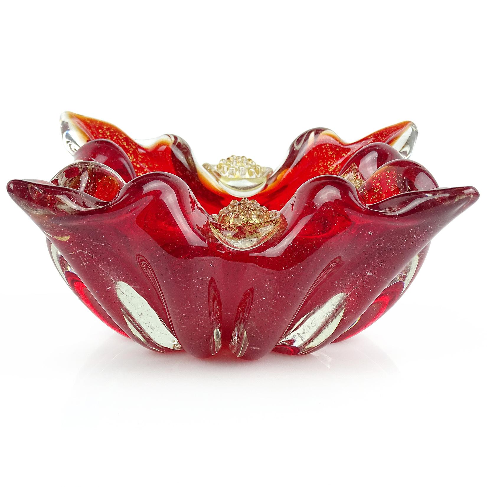 Mid-Century Modern Barovier Murano Red Berry Decoration Gold Flecks Italian Art Glass Spike Bowl