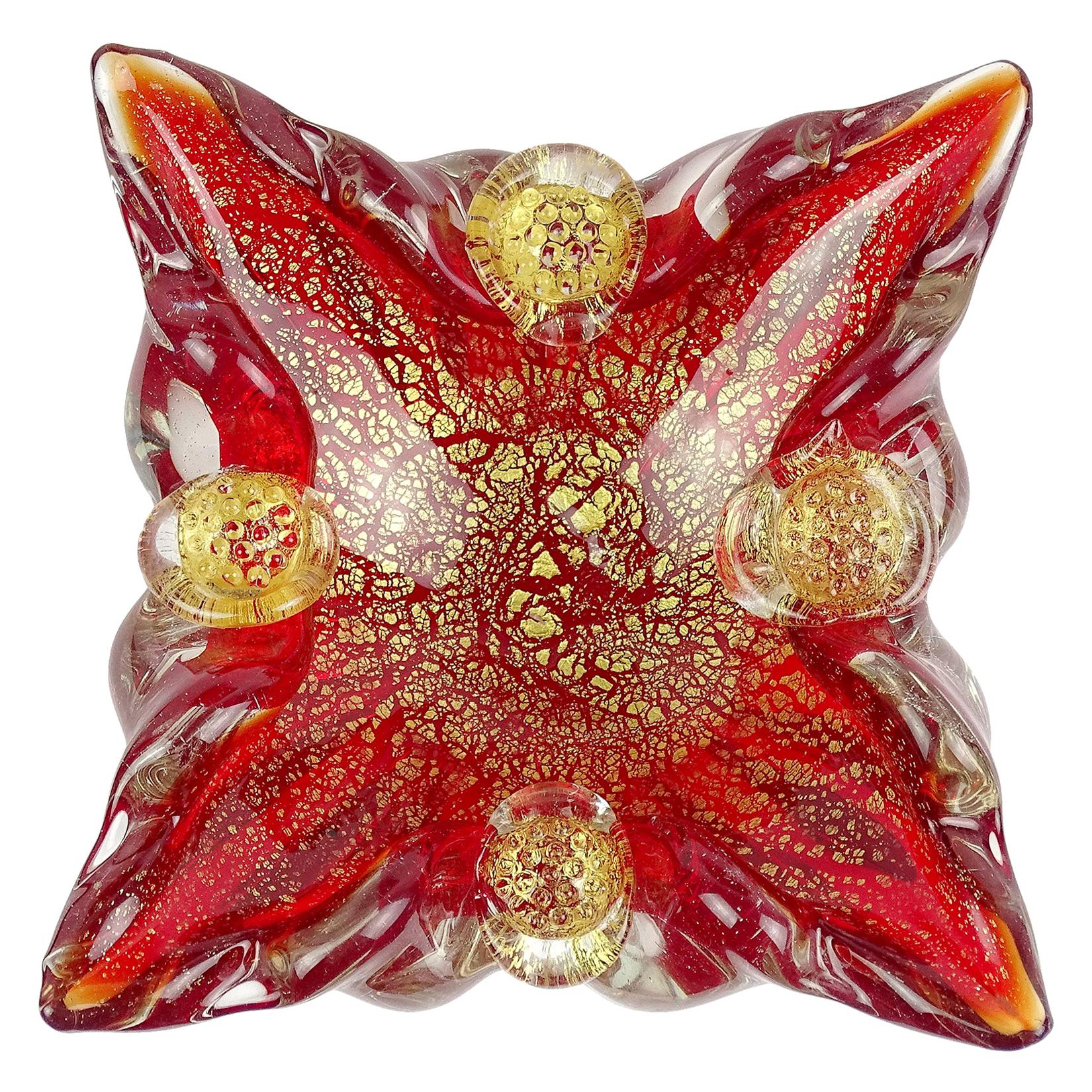 Murano Art Glass Bowl Gold Flake and Red Vintage, Italy, 1950s at