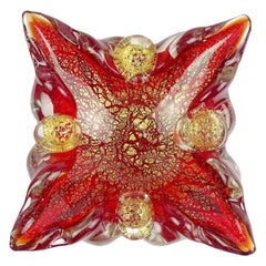 Barovier Murano Red Berry Decoration Gold Flecks Italian Art Glass Spike Bowl