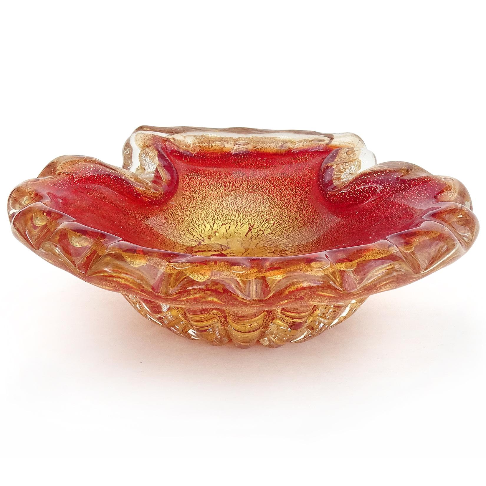 Art Deco Barovier Murano Red Gold Flecks Bubbles Italian Art Glass Conch Seashell Bowl