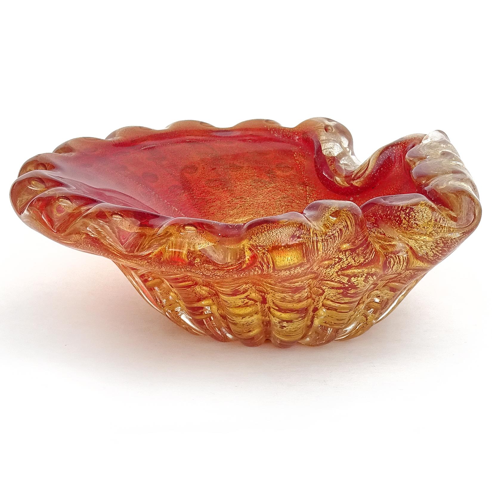 Hand-Crafted Barovier Murano Red Gold Flecks Bubbles Italian Art Glass Conch Seashell Bowl
