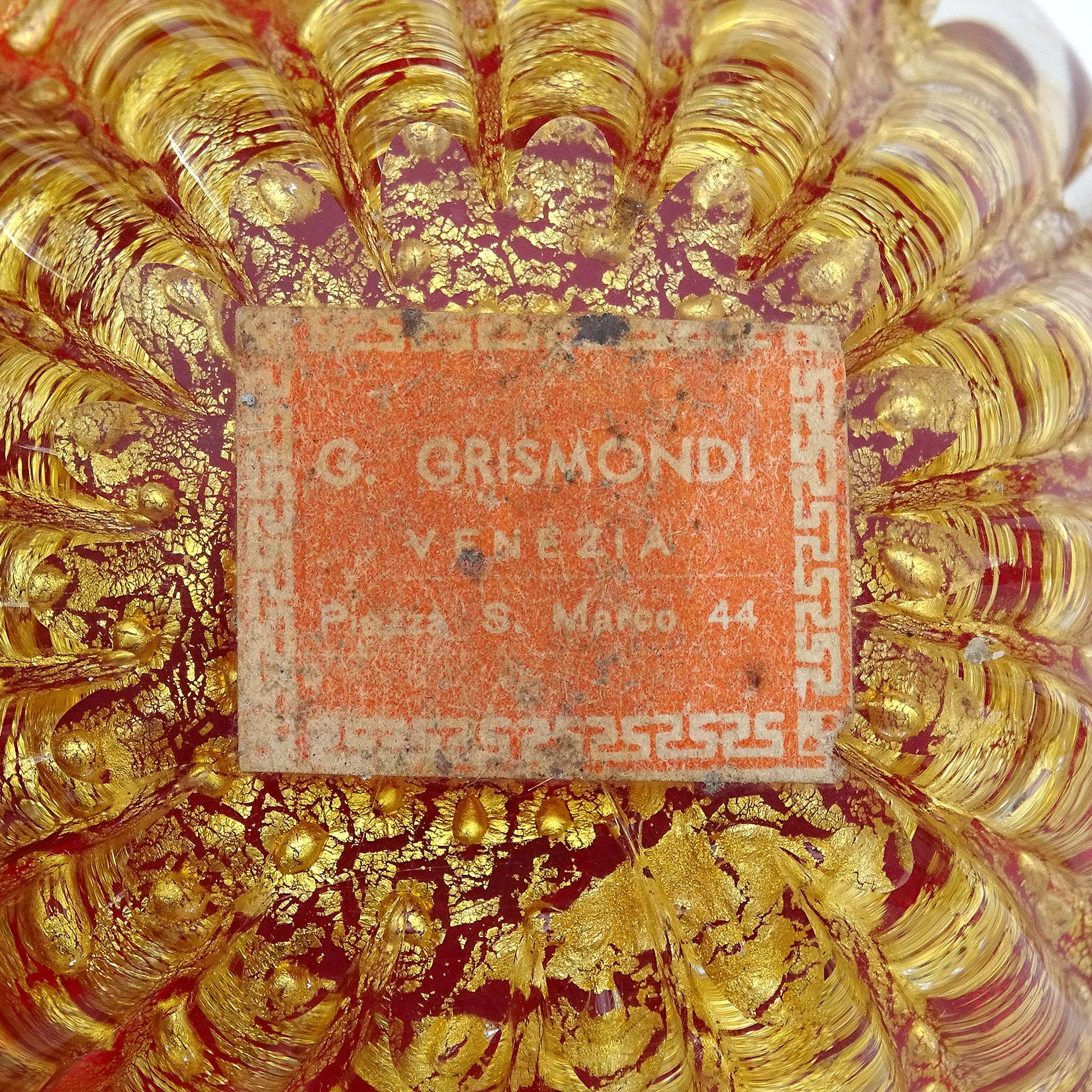 Barovier Murano Red Gold Flecks Bubbles Italian Art Glass Conch Seashell Bowl 1