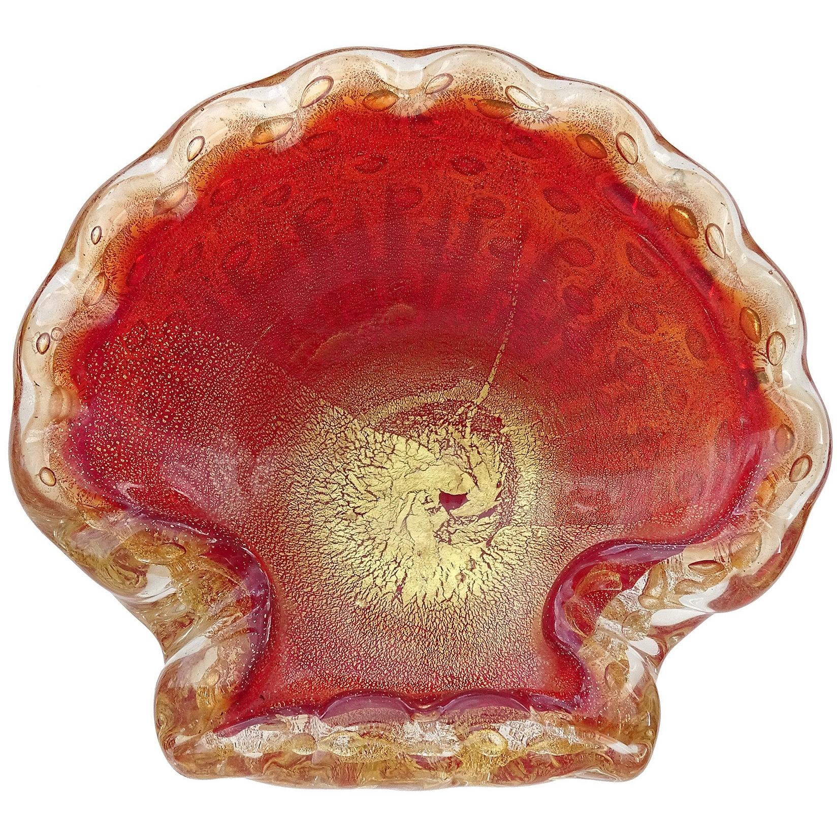 Barovier Murano Red Gold Flecks Bubbles Italian Art Glass Conch Seashell Bowl
