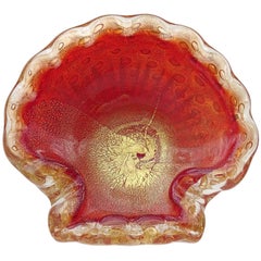 Barovier Murano Red Gold Flecks Bubbles Italian Art Glass Conch Seashell Bowl