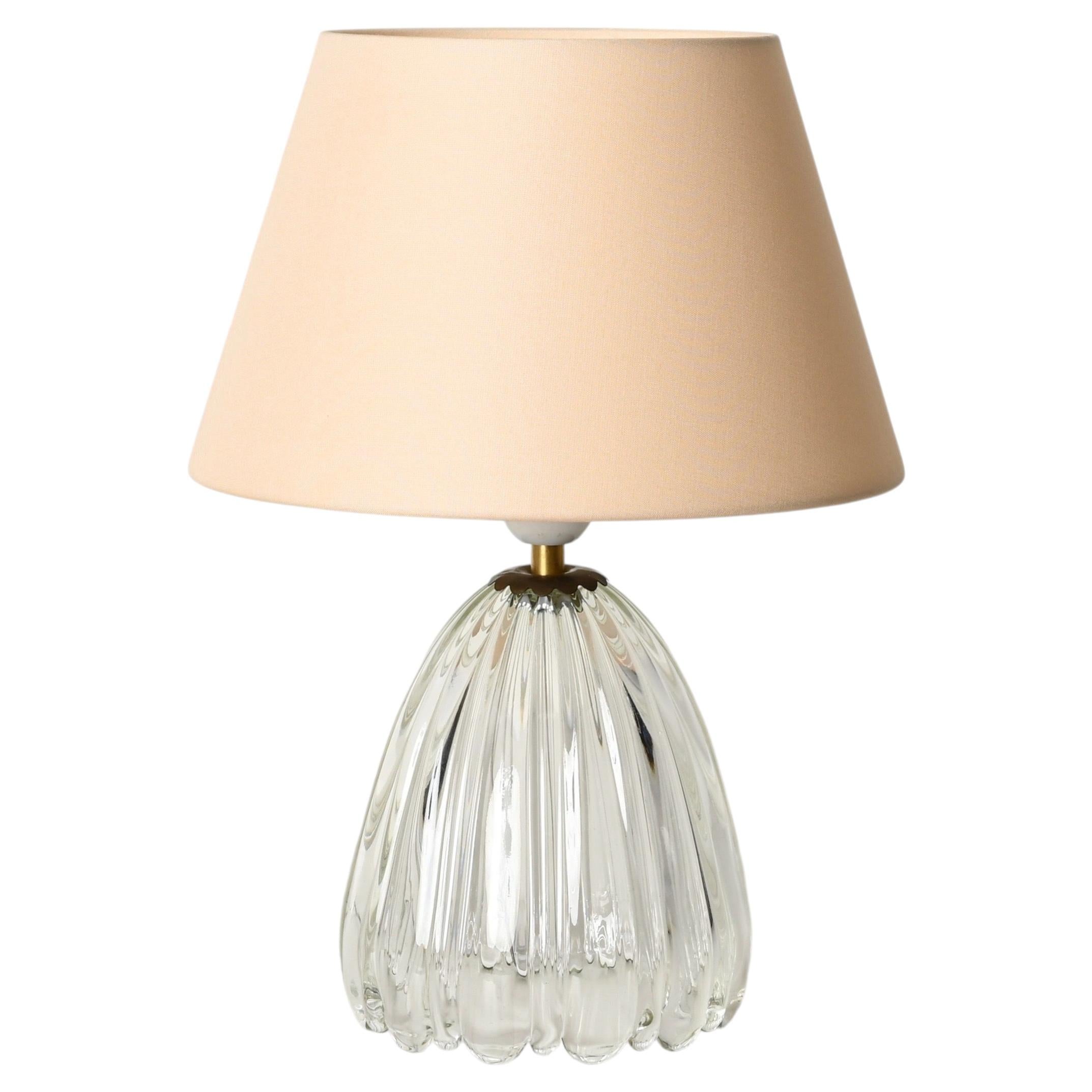 Barovier Murano Ribbed Glass & Brass Table Lamp with Pink Lampshade, Italy 1950s