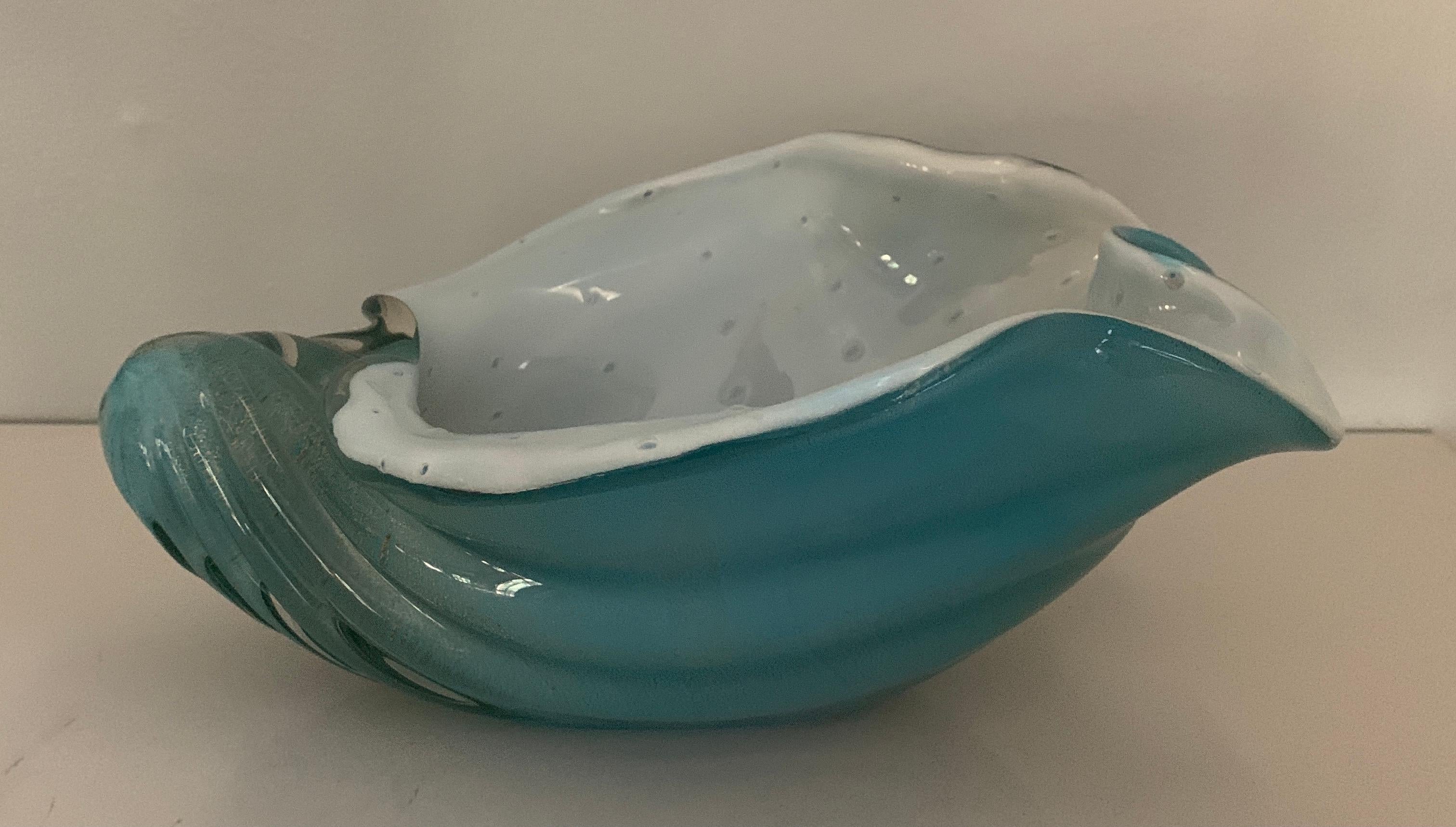 Italian Barovier Murano Shell Bowl Of Blue Glass Gold Flecks and White Interior For Sale