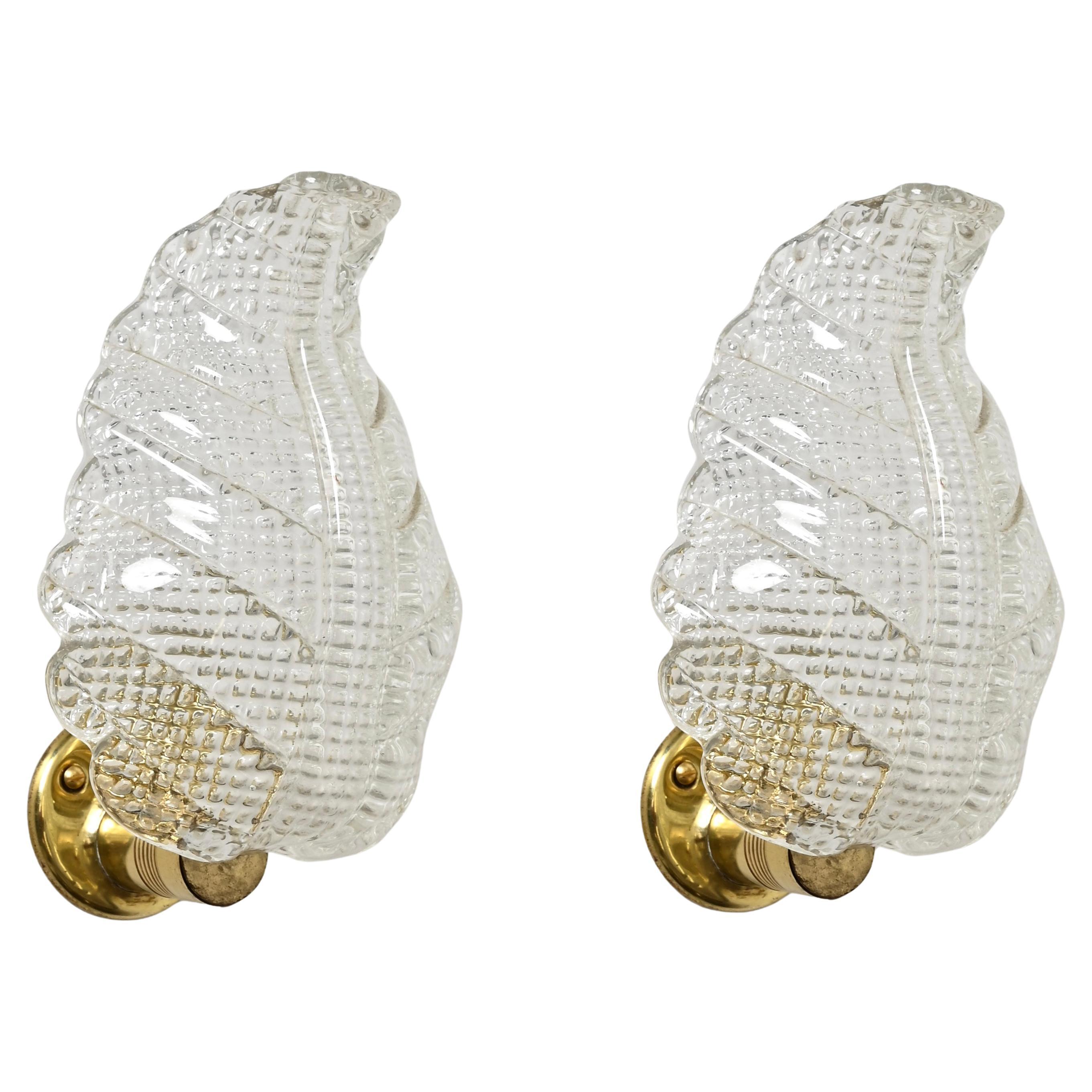 Barovier Coppia di lampade a foglia in vetro di Murano e ottone, Italia, anni 
50 in vendita