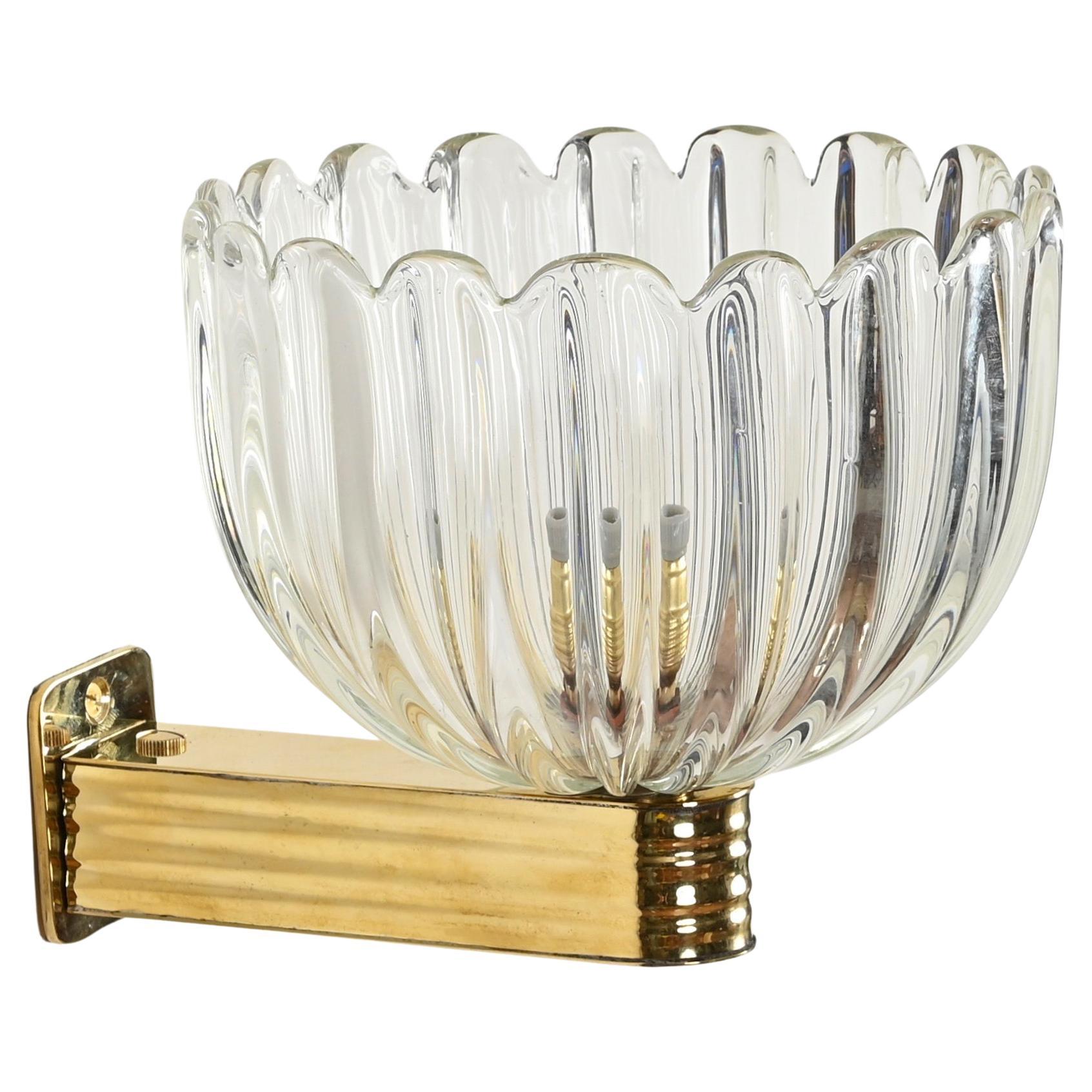 Barovier Murano Glass and Brass Flower Sconce, Italy 1940s