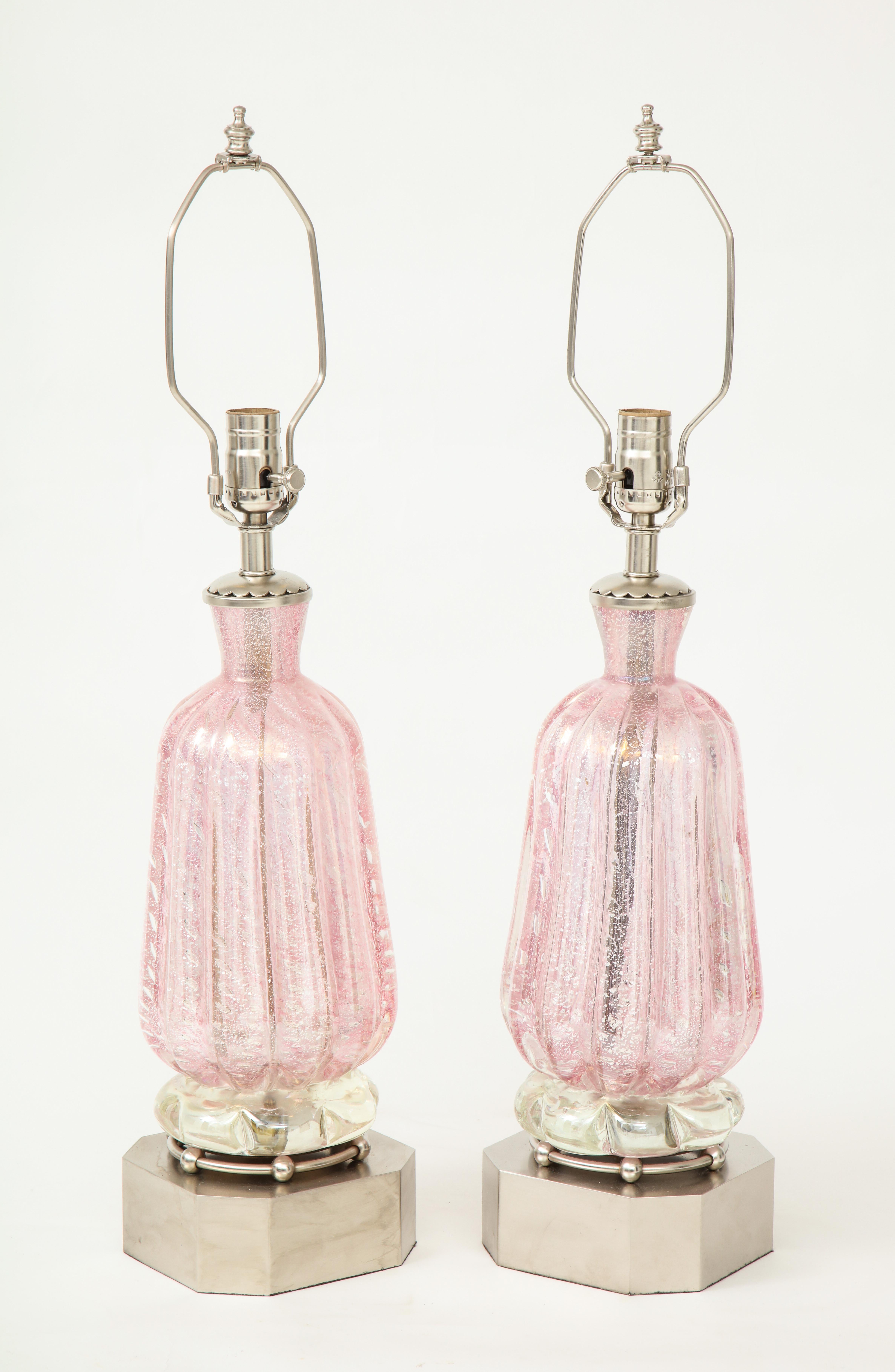 Pair of pale pink diamond Murano glass lamps with silver inclusions throughout the gored body, placed on satin nickel bases. Rewired for use in the USA. 100W Max.