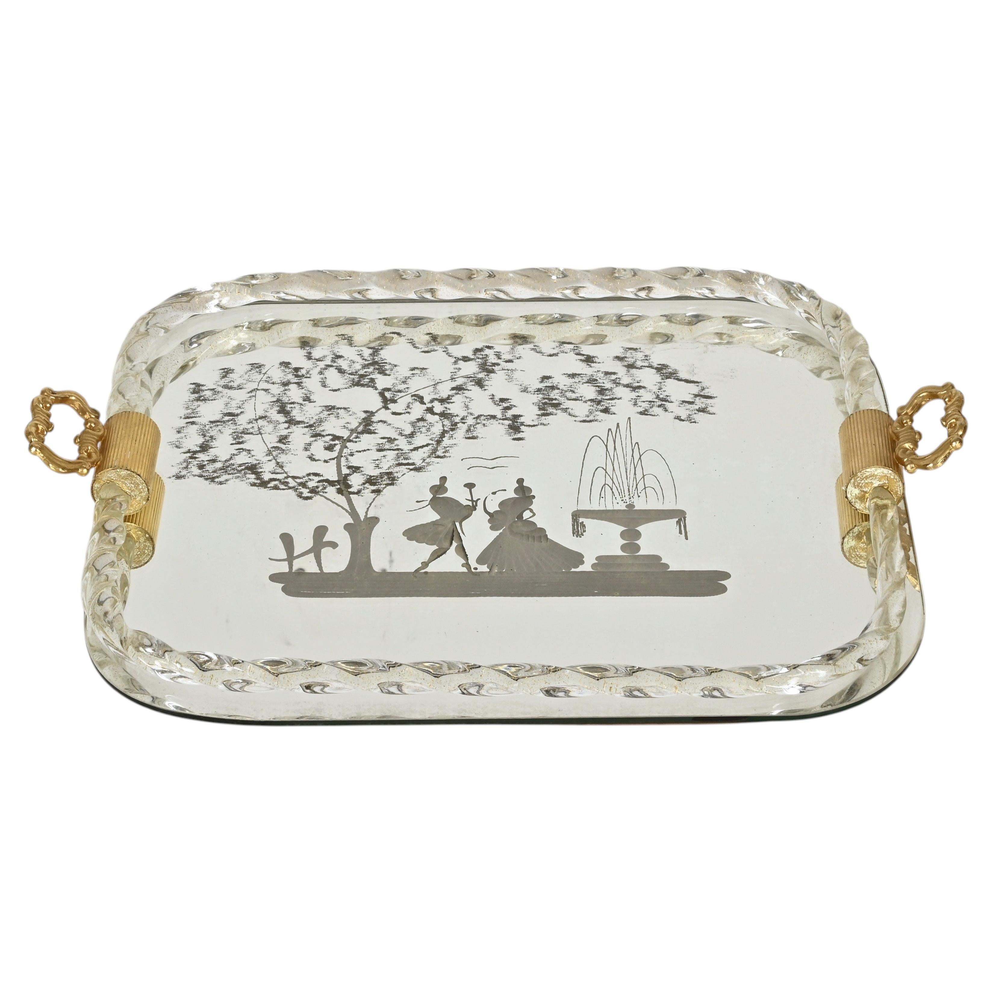 Barovier Rectangular Serving Tray in Mirror-Engraved Murano Glass w/ Gold, 1940s For Sale