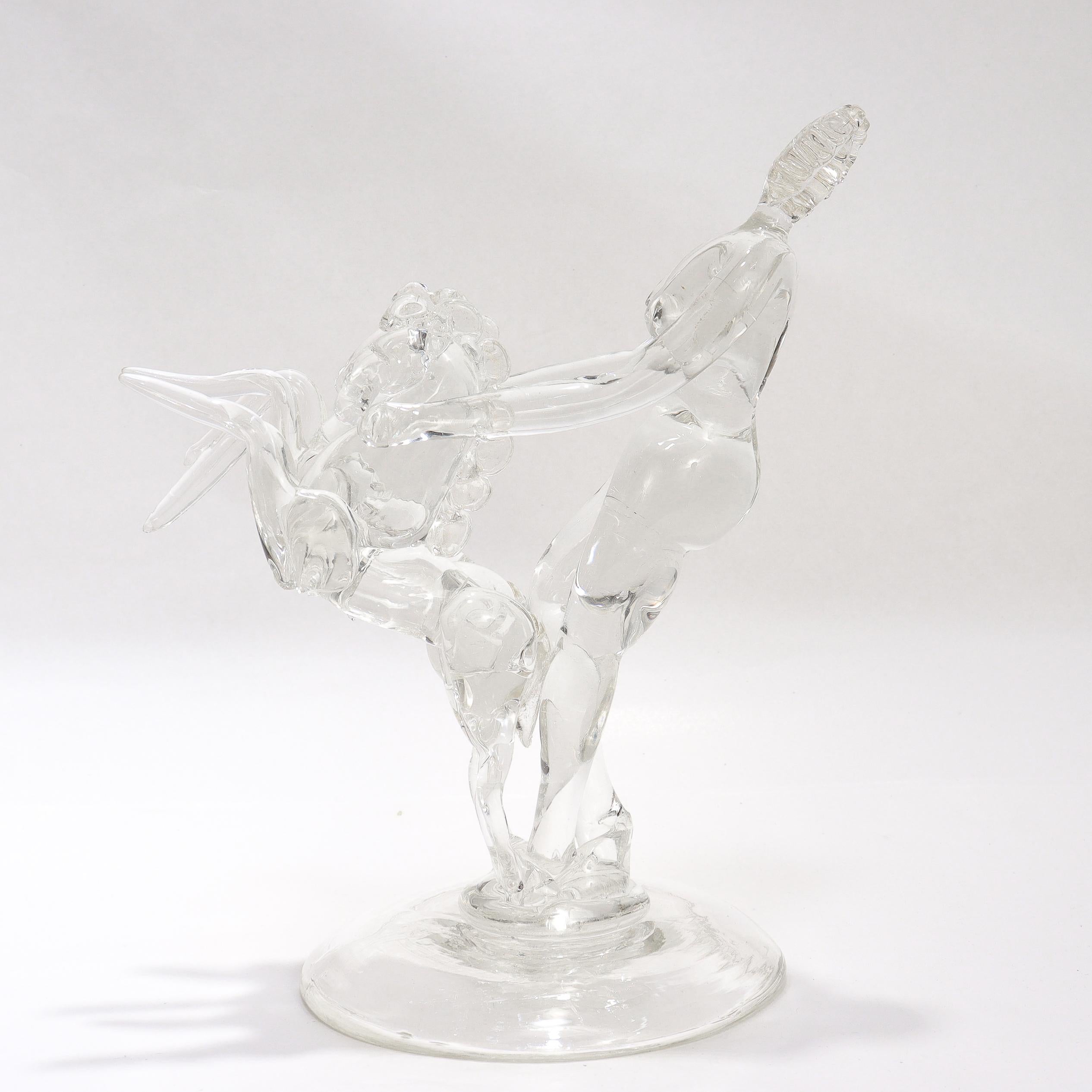 Mid-Century Modern Barovier Seguso & Ferro Italian Art Glass Figurine - Woman with 2 Rearing Horses For Sale