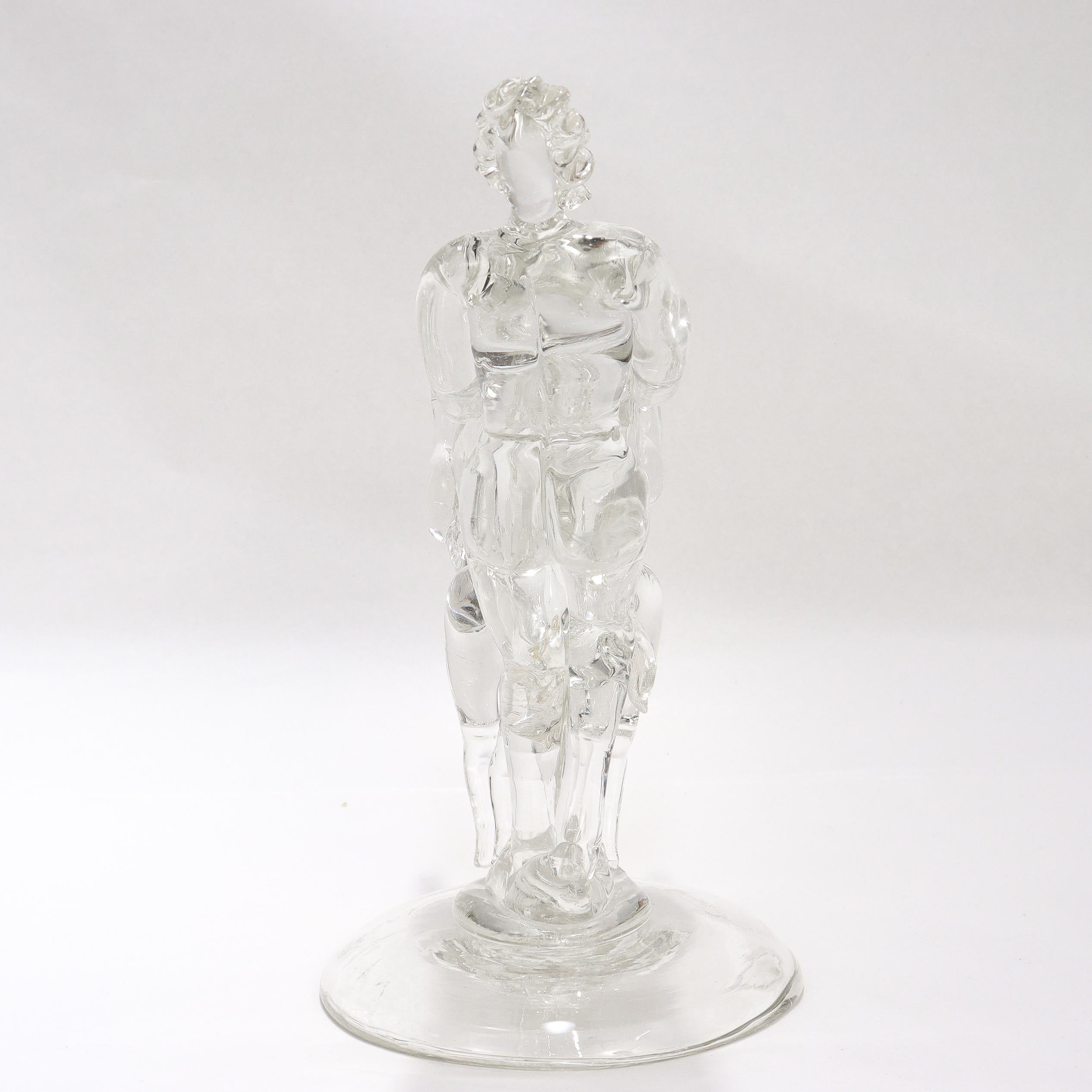 Barovier Seguso & Ferro Italian Art Glass Figurine - Woman with 2 Rearing Horses In Fair Condition For Sale In Philadelphia, PA