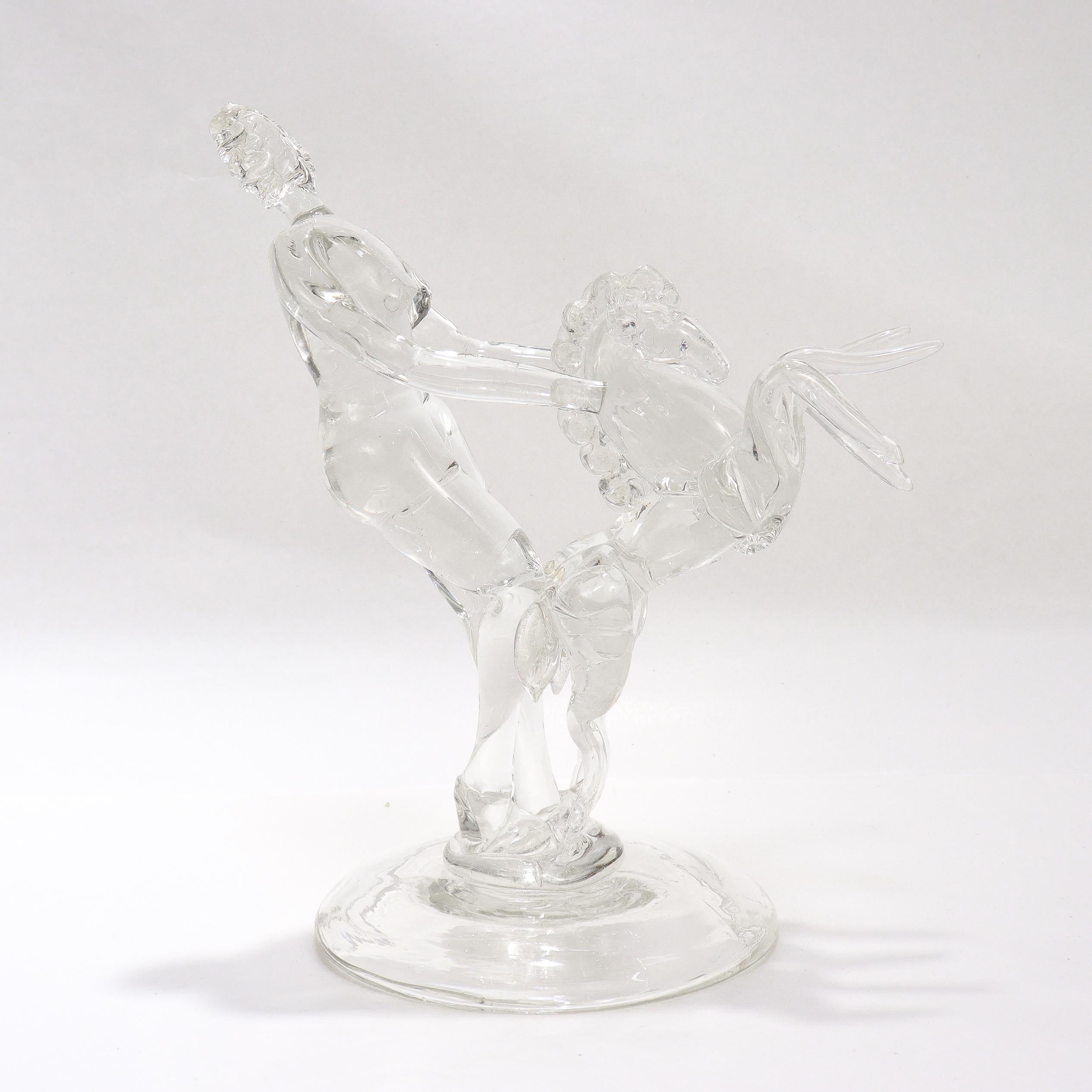 Barovier Seguso & Ferro Italian Art Glass Figurine - Woman with 2 Rearing Horses For Sale 1