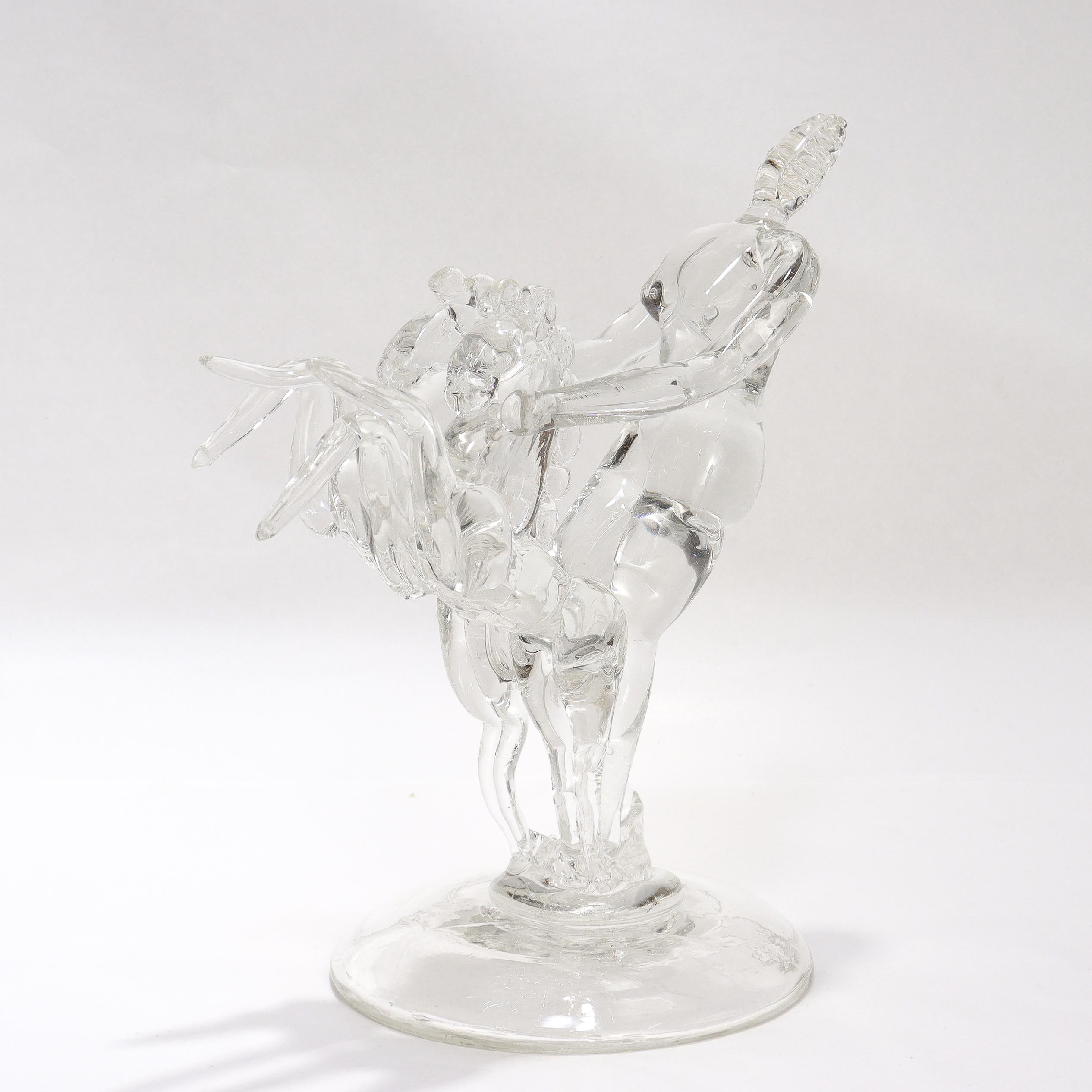 Barovier Seguso & Ferro Italian Art Glass Figurine - Woman with 2 Rearing Horses For Sale 3
