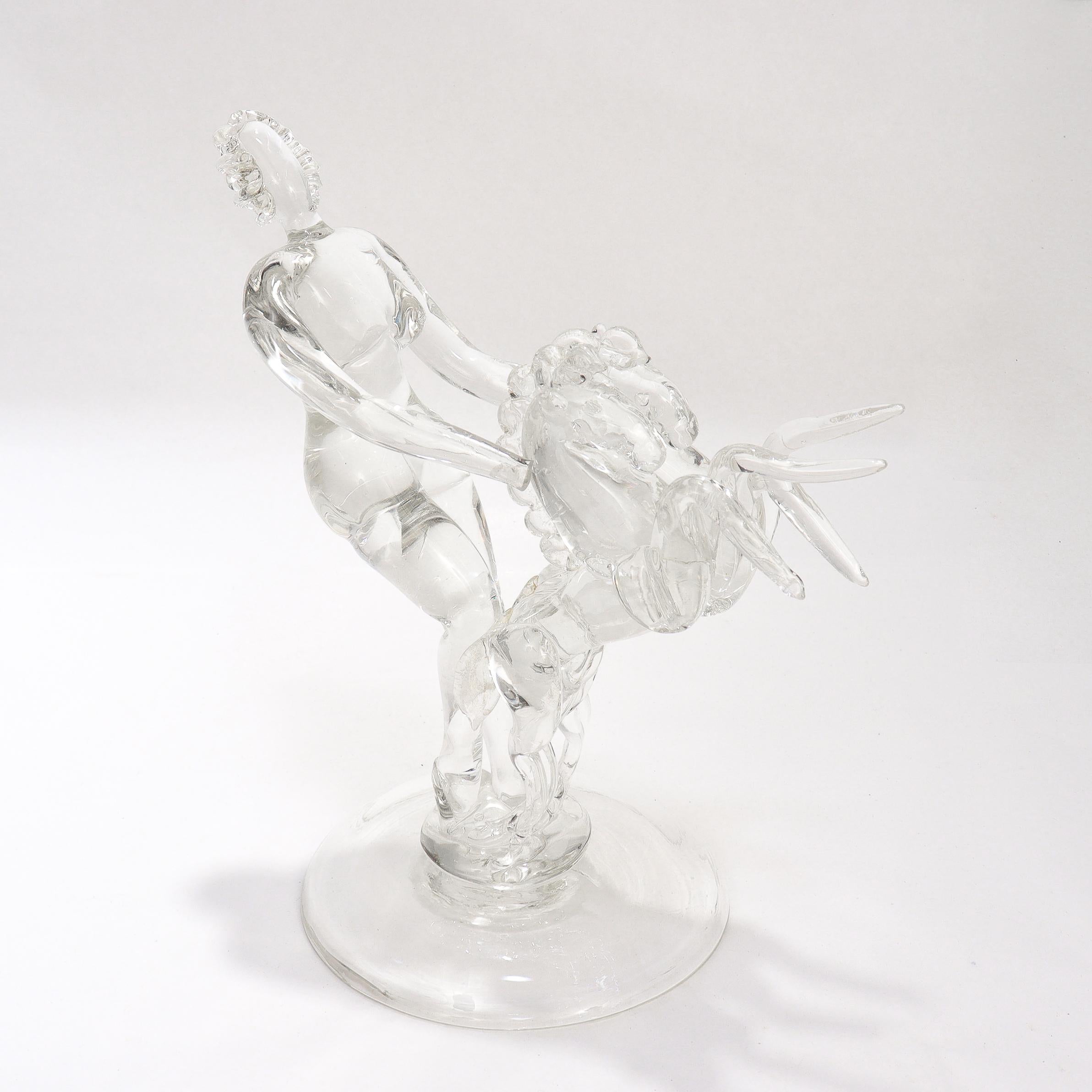 Barovier Seguso & Ferro Italian Art Glass Figurine - Woman with 2 Rearing Horses For Sale 4