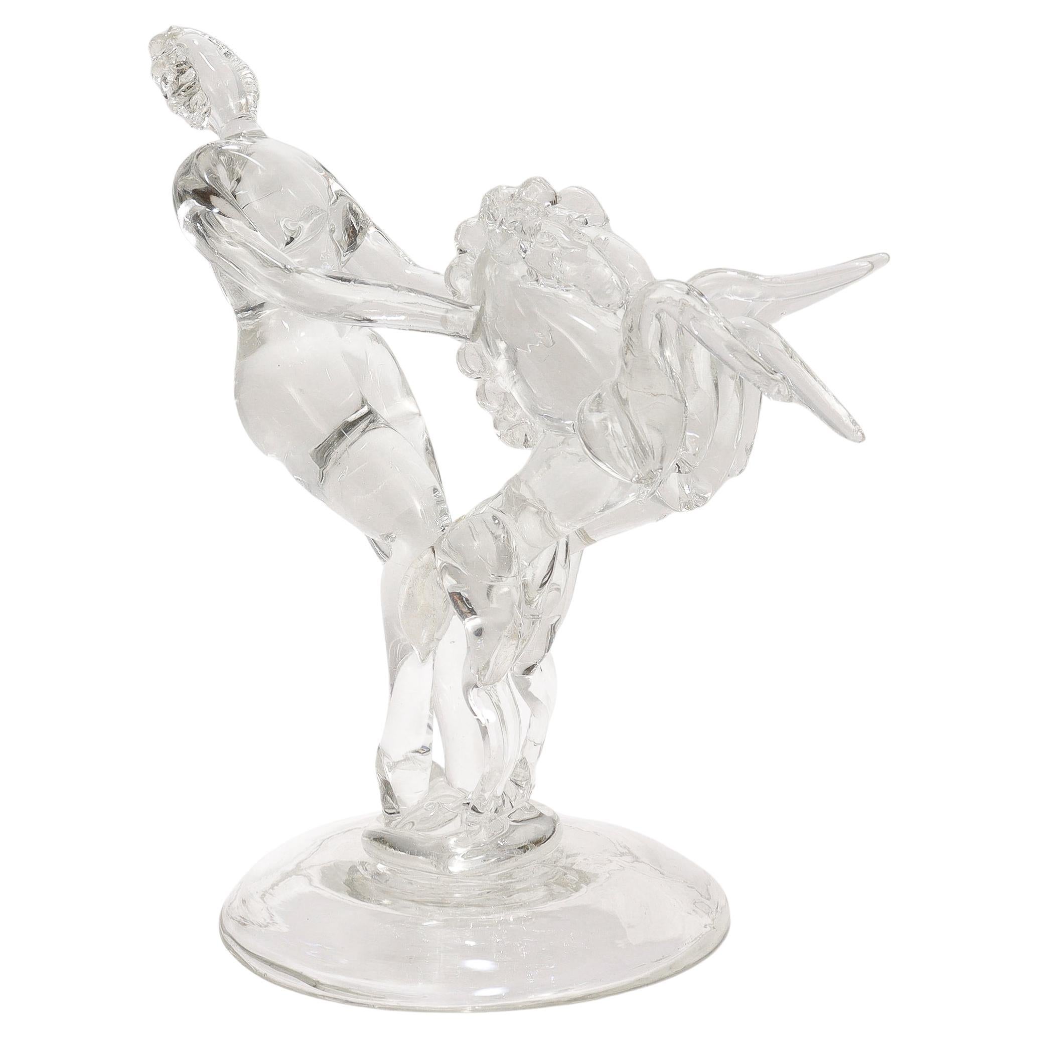 Barovier Seguso & Ferro Italian Art Glass Figurine - Woman with 2 Rearing Horses For Sale