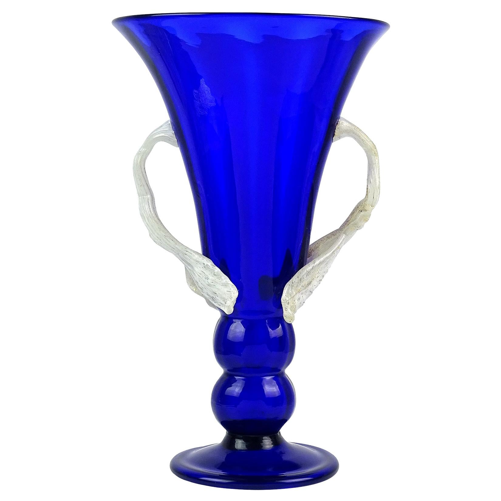 Barovier Seguso Ferro Murano Blue White Italian Art Glass Decorative Flower Vase