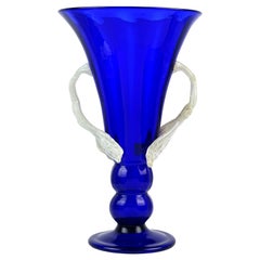 Barovier Seguso Ferro Murano Blue White Italian Art Glass Decorative Flower Vase