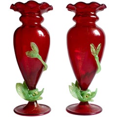 Barovier Seguso Ferro Murano Red Gold Flecks Italian Art Glass Fish Stem Vase