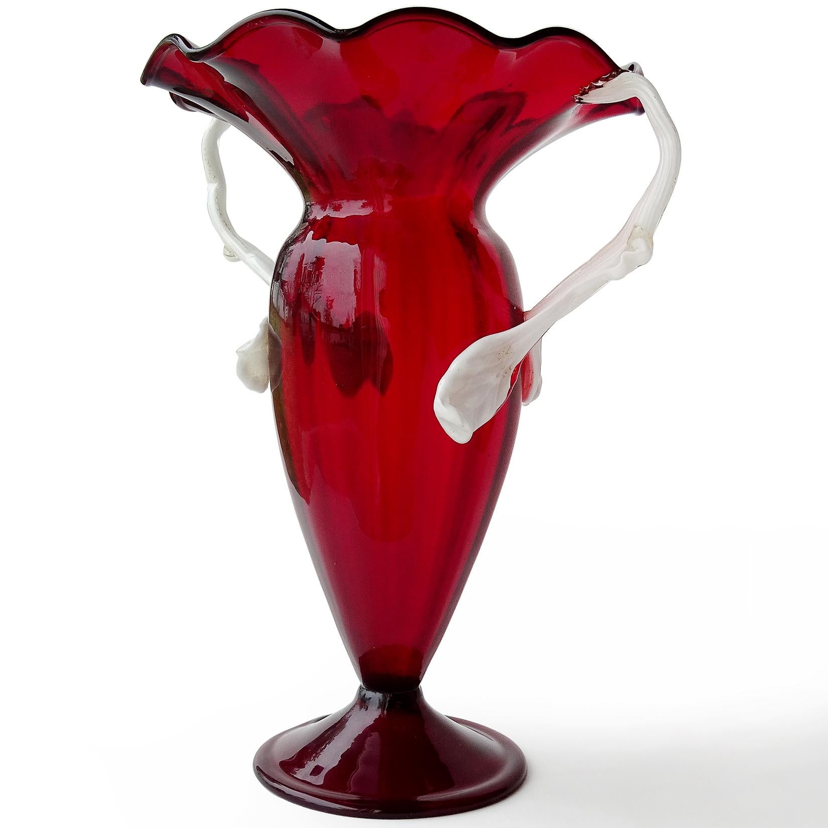 Art Deco Barovier Seguso Ferro Murano Red White Italian Art Glass Decorative Flower Vase For Sale