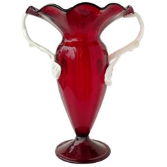 Vintage Barovier Seguso Ferro Murano Red White Italian Art Glass Decorative Flower Vase