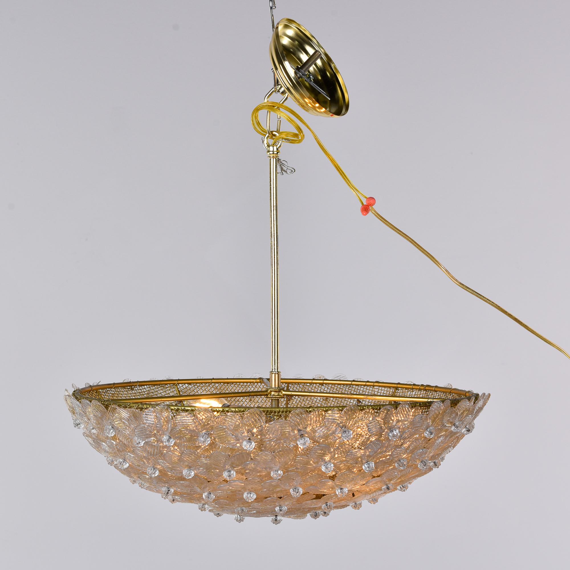 Mid-Century Modern Barovier Semi Flush Mount Fixture with Clear & Gold Glass Flowers For Sale