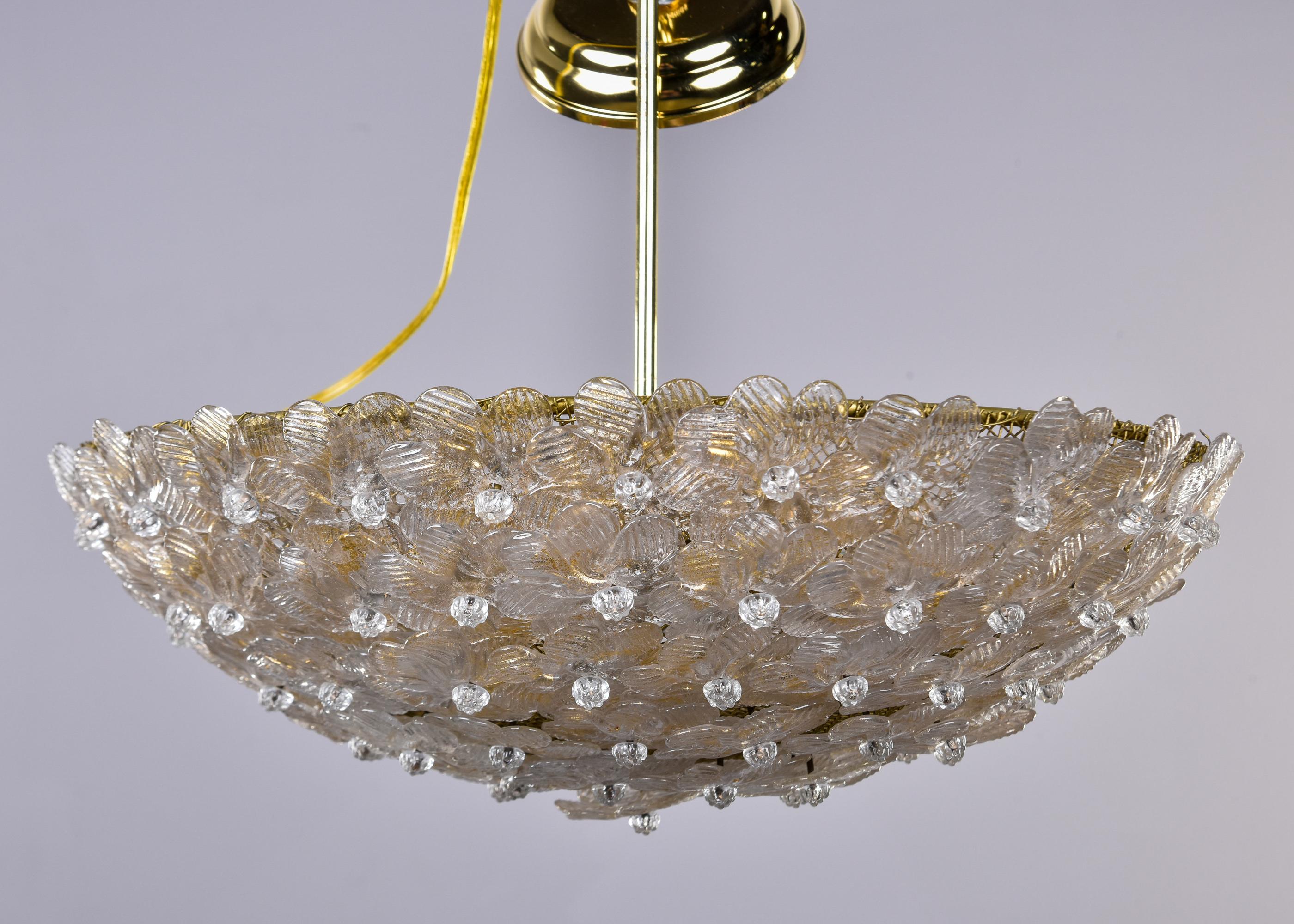 Barovier Semi Flush Mount Fixture with Clear & Gold Glass Flowers In Good Condition For Sale In Troy, MI
