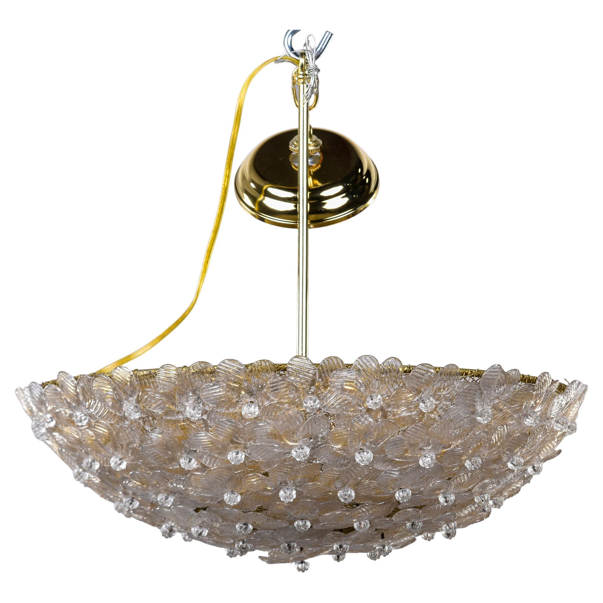 Barovier Semi Flush Mount Fixture with Clear & Gold Glass Flowers For Sale