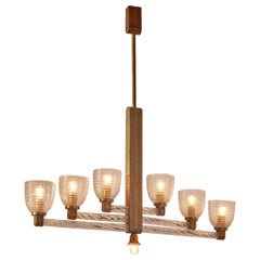 Barovier Seven Lights Chandelier Made of Glass, Brass and Copper, Italy, 1930s
