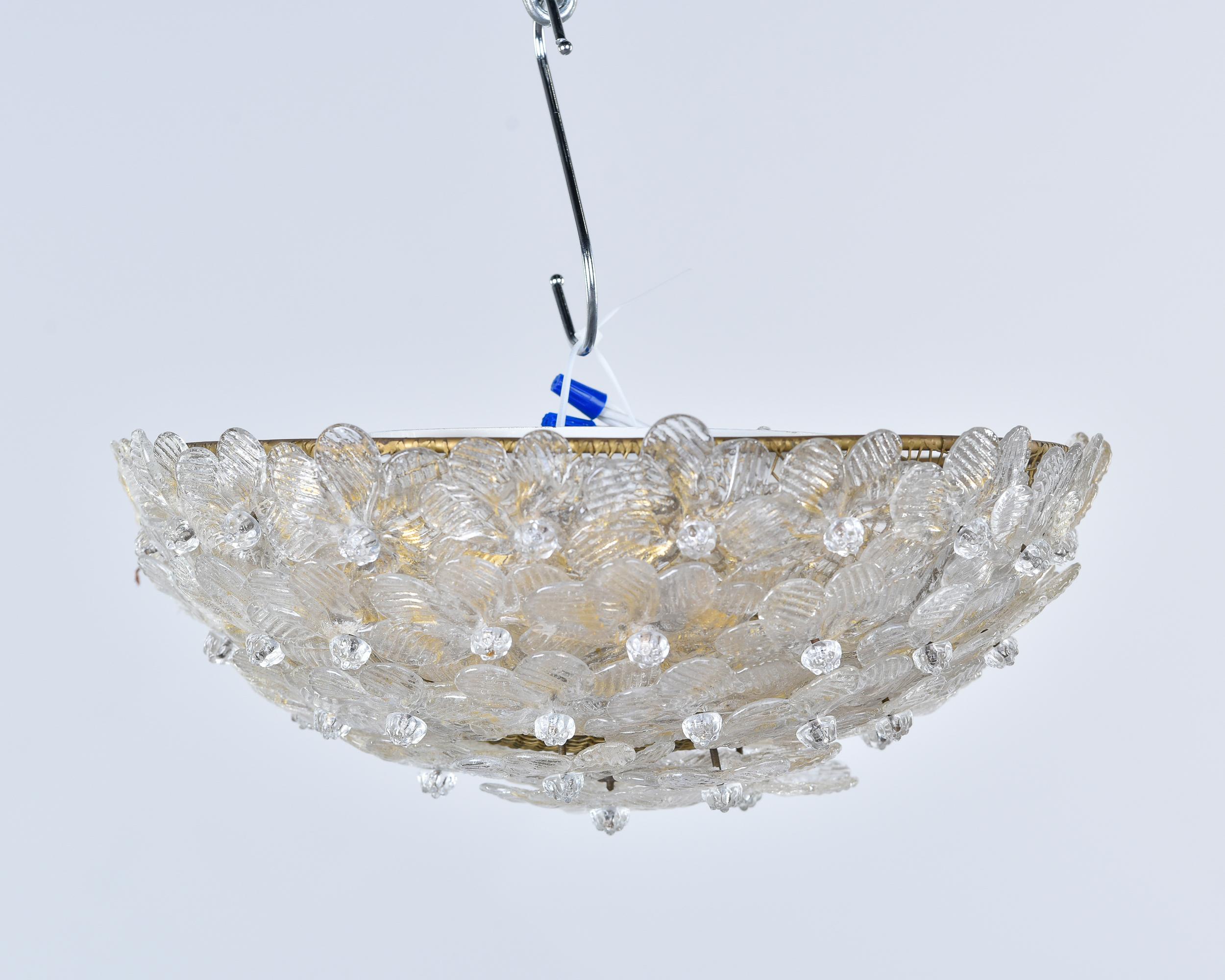 Mid-Century Modern Barovier Small Flush Mount Fixture with Clear & Gold Glass Flowers For Sale