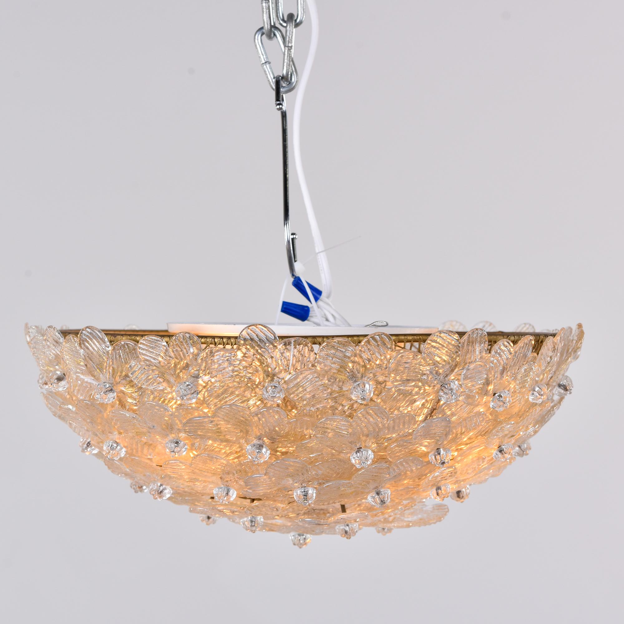 Italian Barovier Small Flush Mount Fixture with Clear & Gold Glass Flowers For Sale