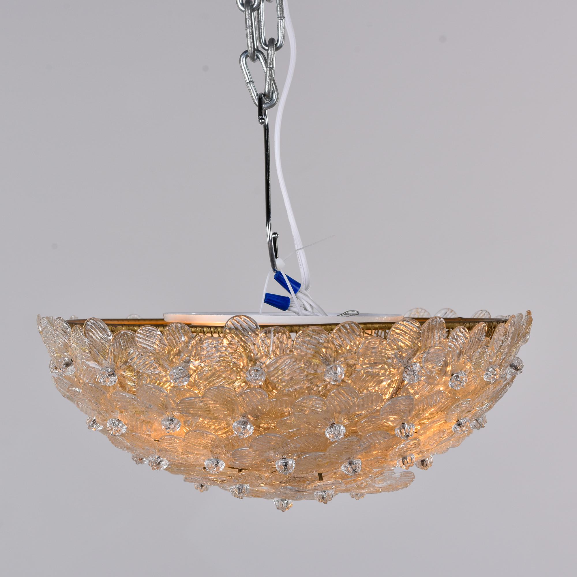 Barovier Small Flush Mount Fixture with Clear & Gold Glass Flowers In Good Condition For Sale In Troy, MI