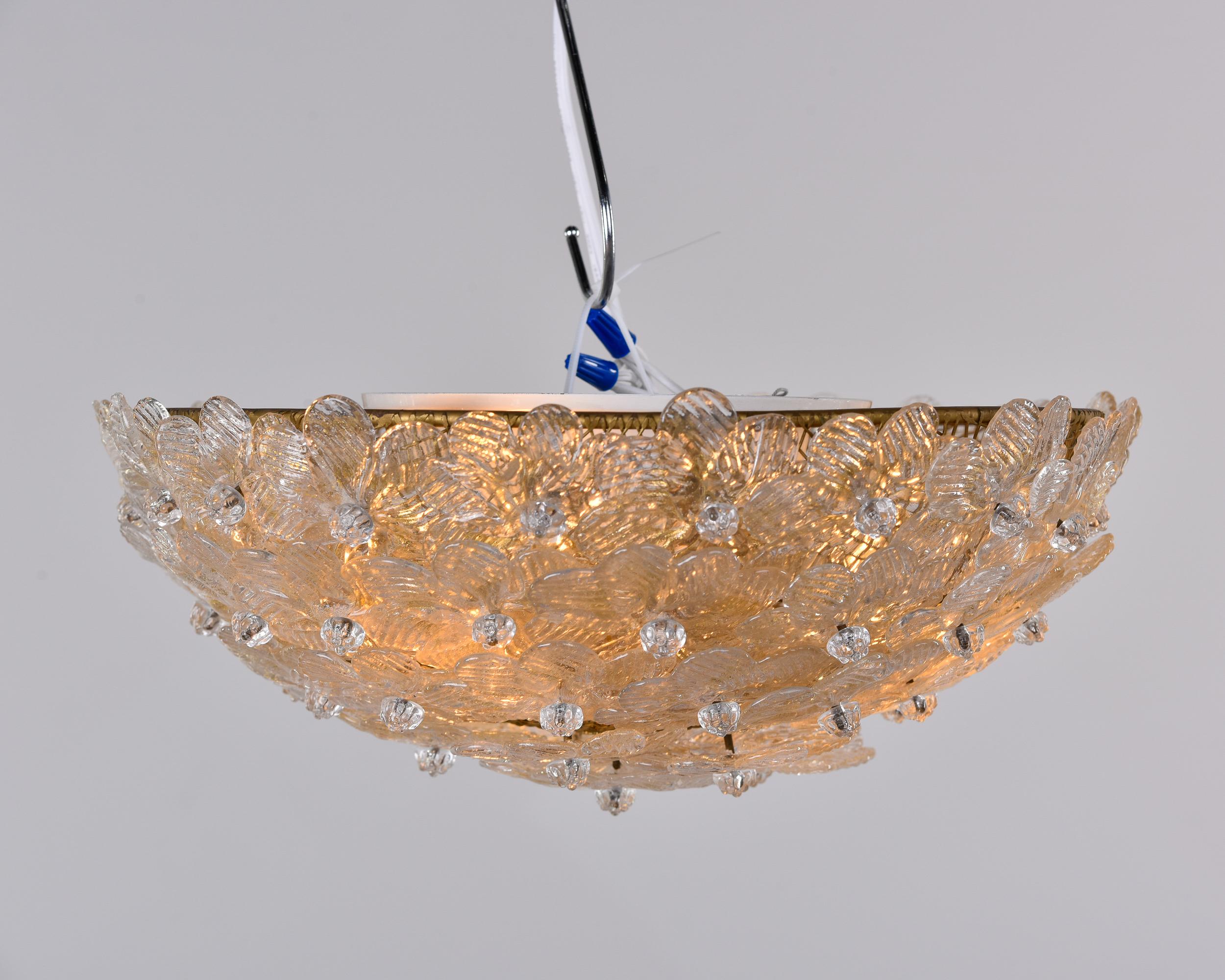 20th Century Barovier Small Flush Mount Fixture with Clear & Gold Glass Flowers For Sale