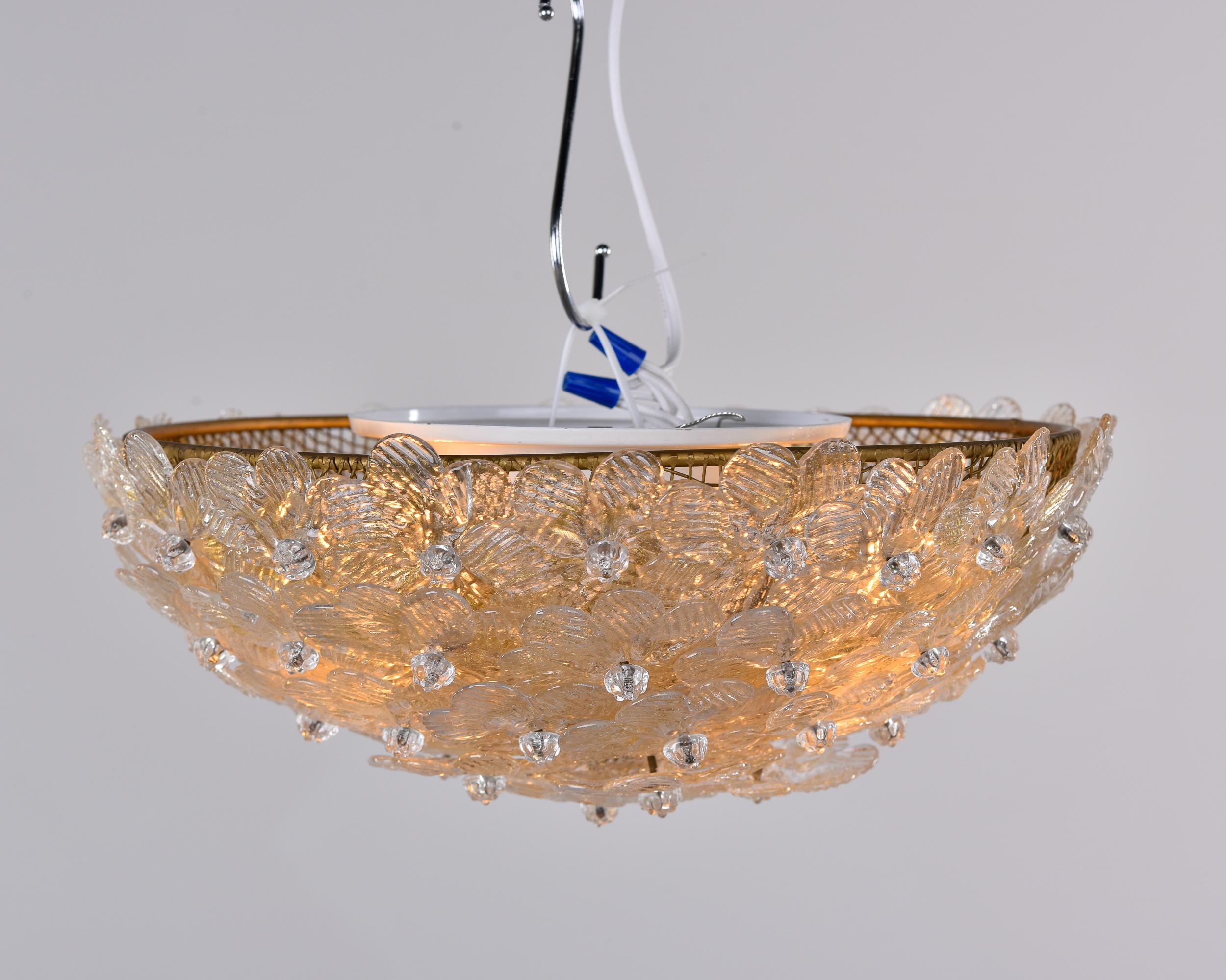 Murano Glass Barovier Small Flush Mount Fixture with Clear & Gold Glass Flowers For Sale