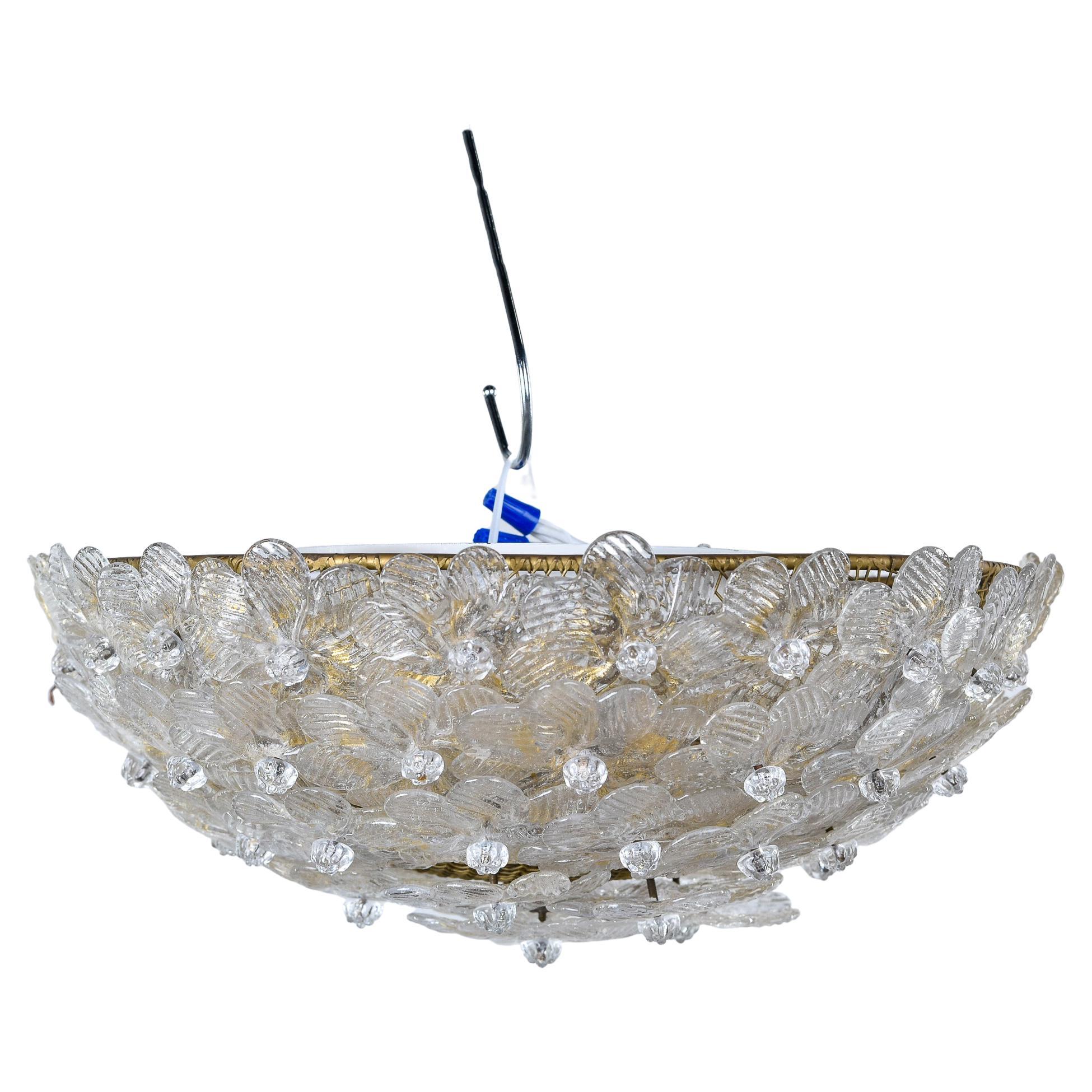 Barovier Small Flush Mount Fixture with Clear & Gold Glass Flowers For Sale