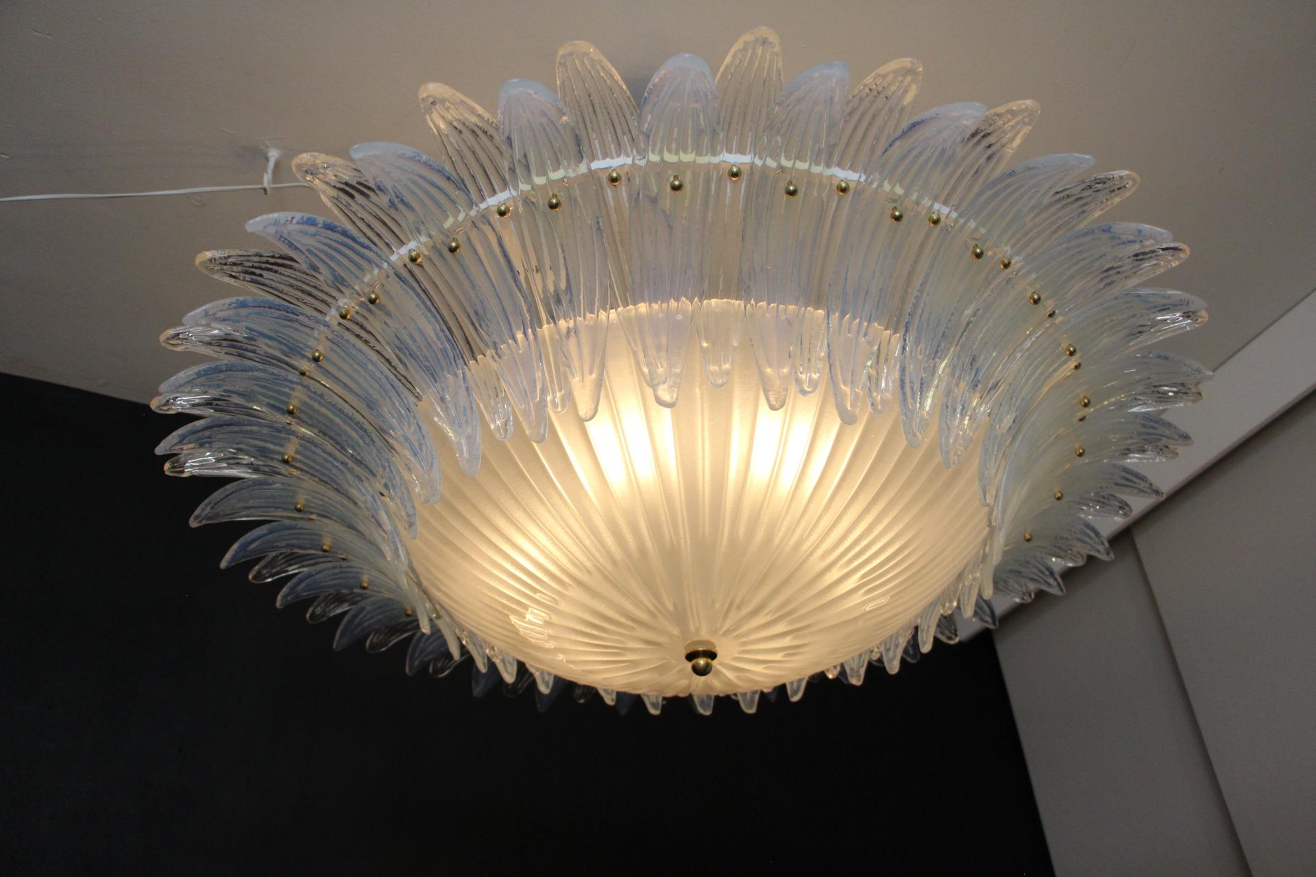 Barovier Style Iridescent and White Murano Glass Flush Mount Chandelier For Sale 3