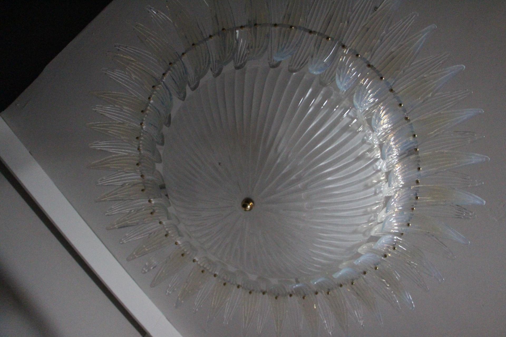 Barovier Style Iridescent and White Murano Glass Flush Mount Chandelier For Sale 4