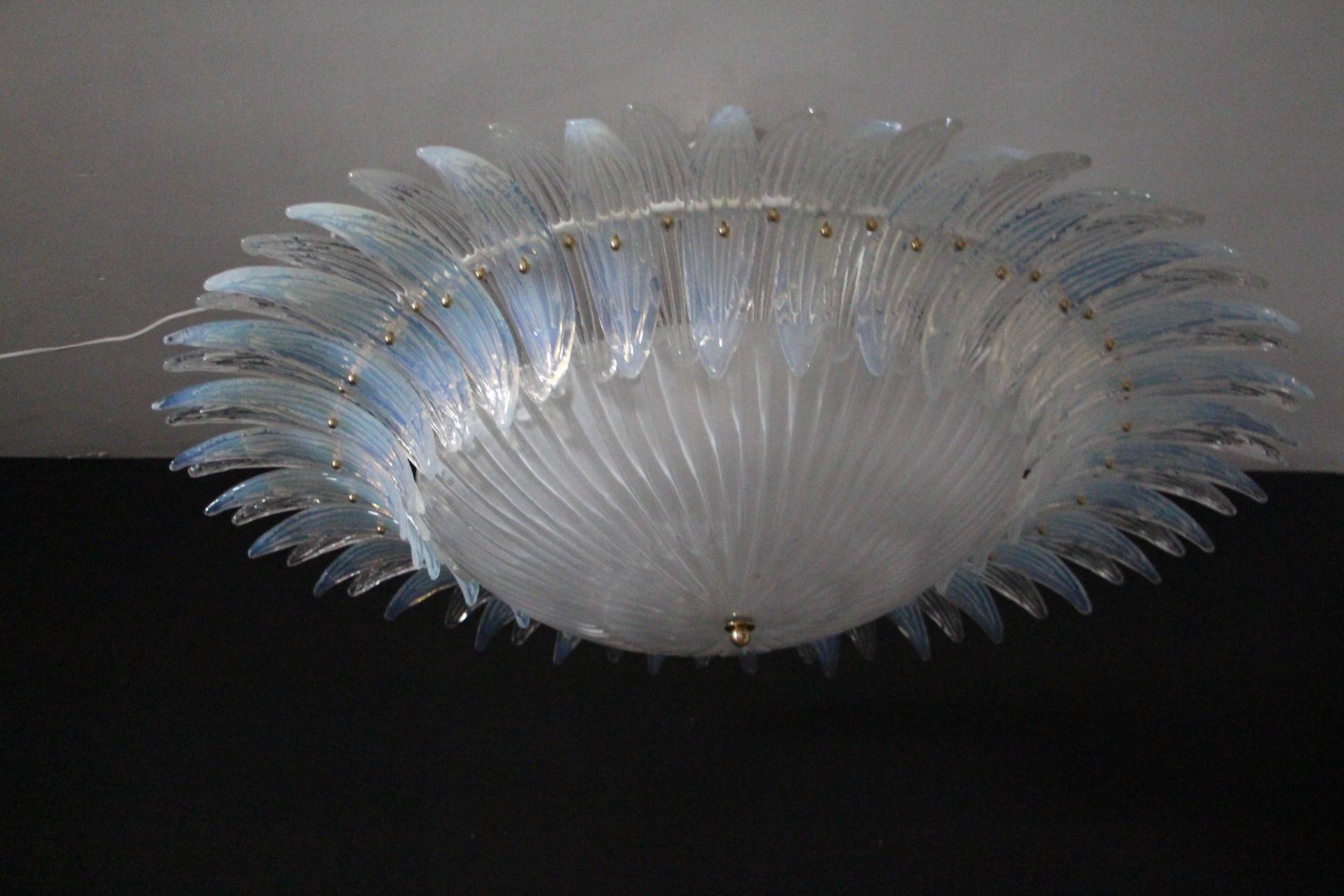 Barovier Style Iridescent and White Murano Glass Flush Mount Chandelier For Sale 5