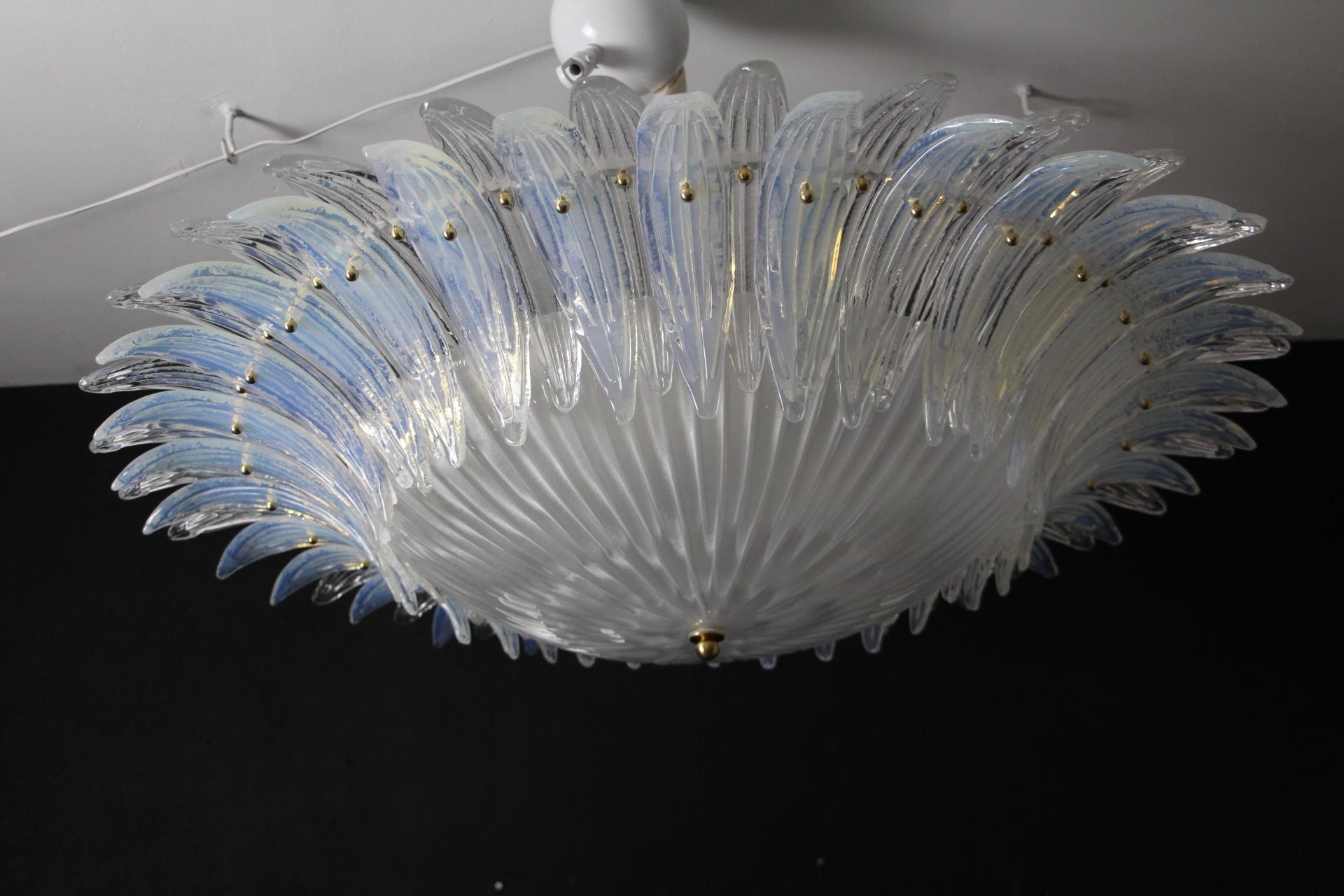 Barovier Style Iridescent and White Murano Glass Flush Mount Chandelier For Sale 5