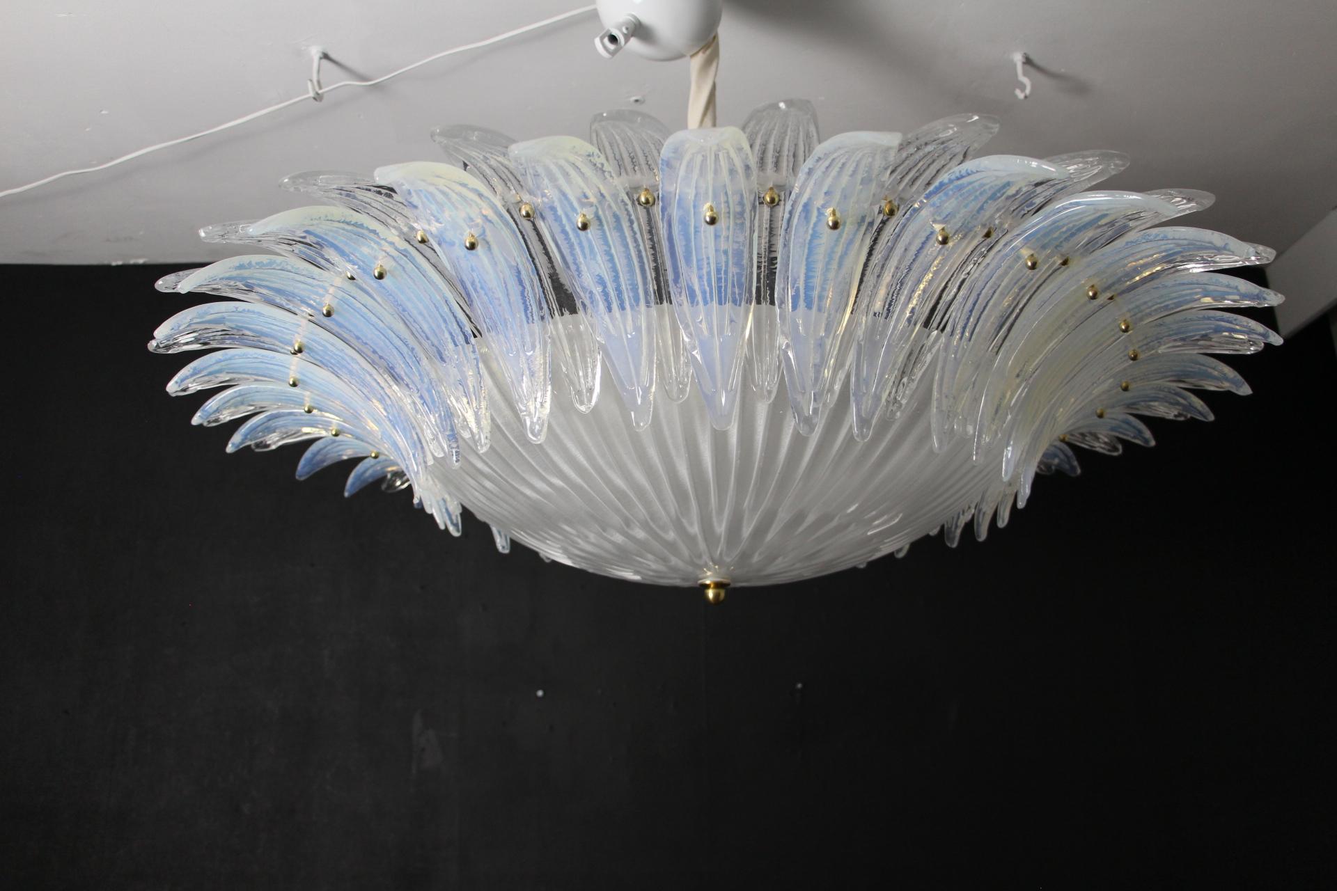 Barovier Style Iridescent and White Murano Glass Flush Mount Chandelier For Sale 7