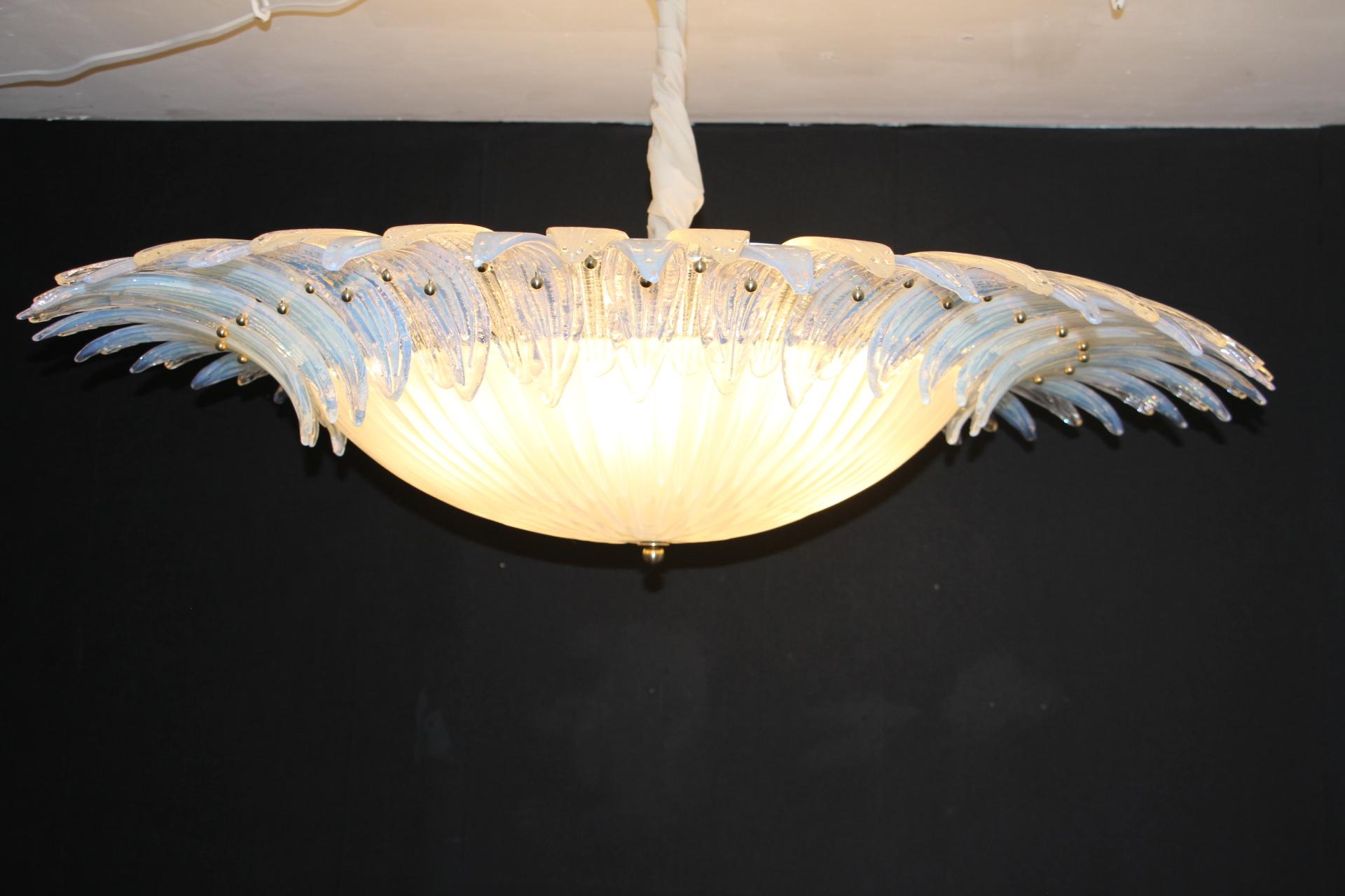 Barovier Style Iridescent and White Murano Glass Flush Mount Chandelier For Sale 8
