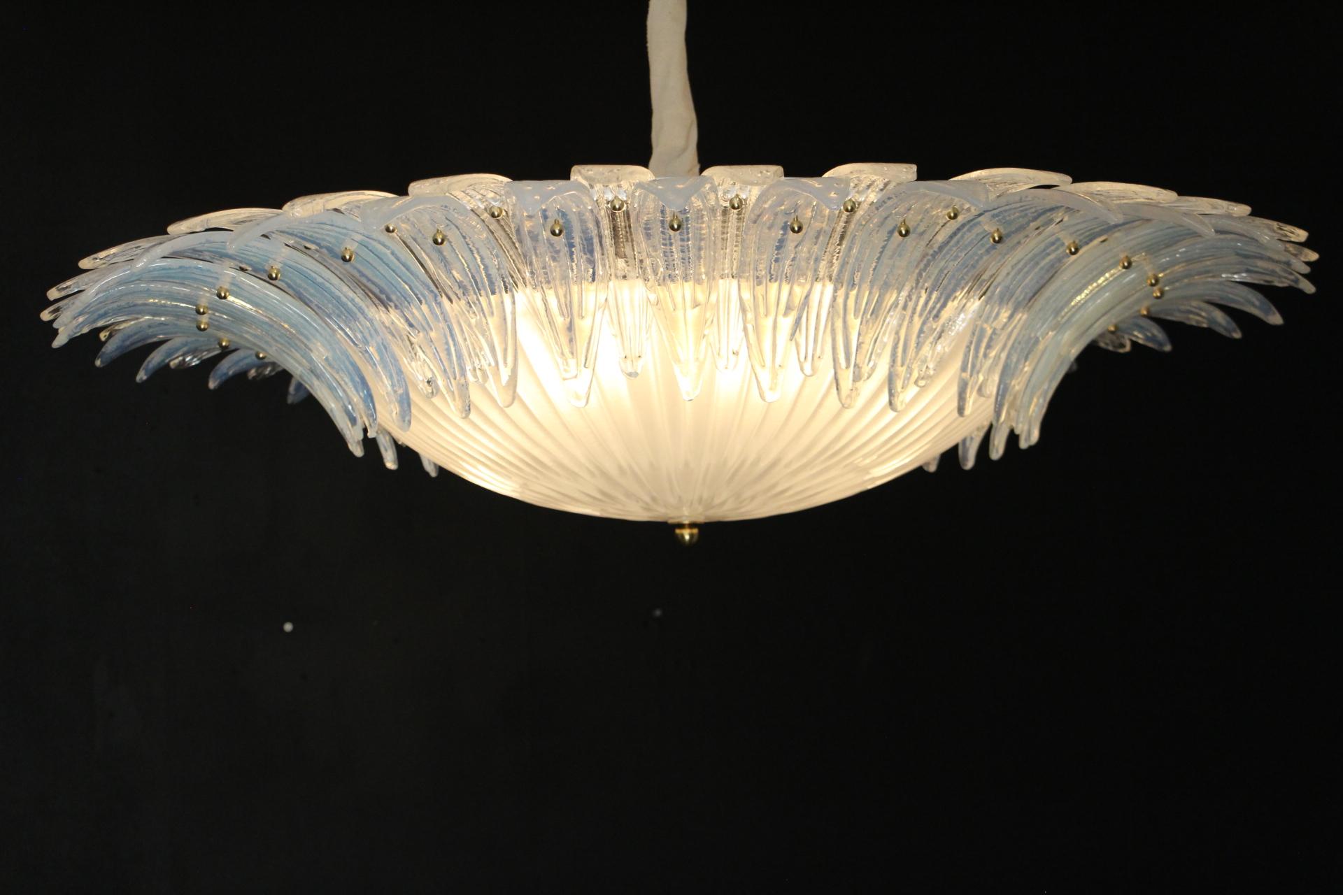 Barovier Style Iridescent and White Murano Glass Flush Mount Chandelier For Sale 8